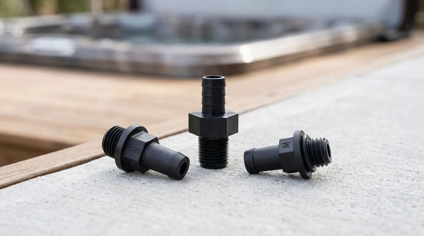 Fler kopplingar och adaptrar till pumpar — Detaljbild av olika kopplingar och adaptrar för spapumpar, inklusive en Adapter 2tum X 2 1/2tum och en LX Dränerings Plugg. Produkterna ligger arrangerade på ett rent underlag på ett trädäck intill ett spabad i en utomhusmiljö.
