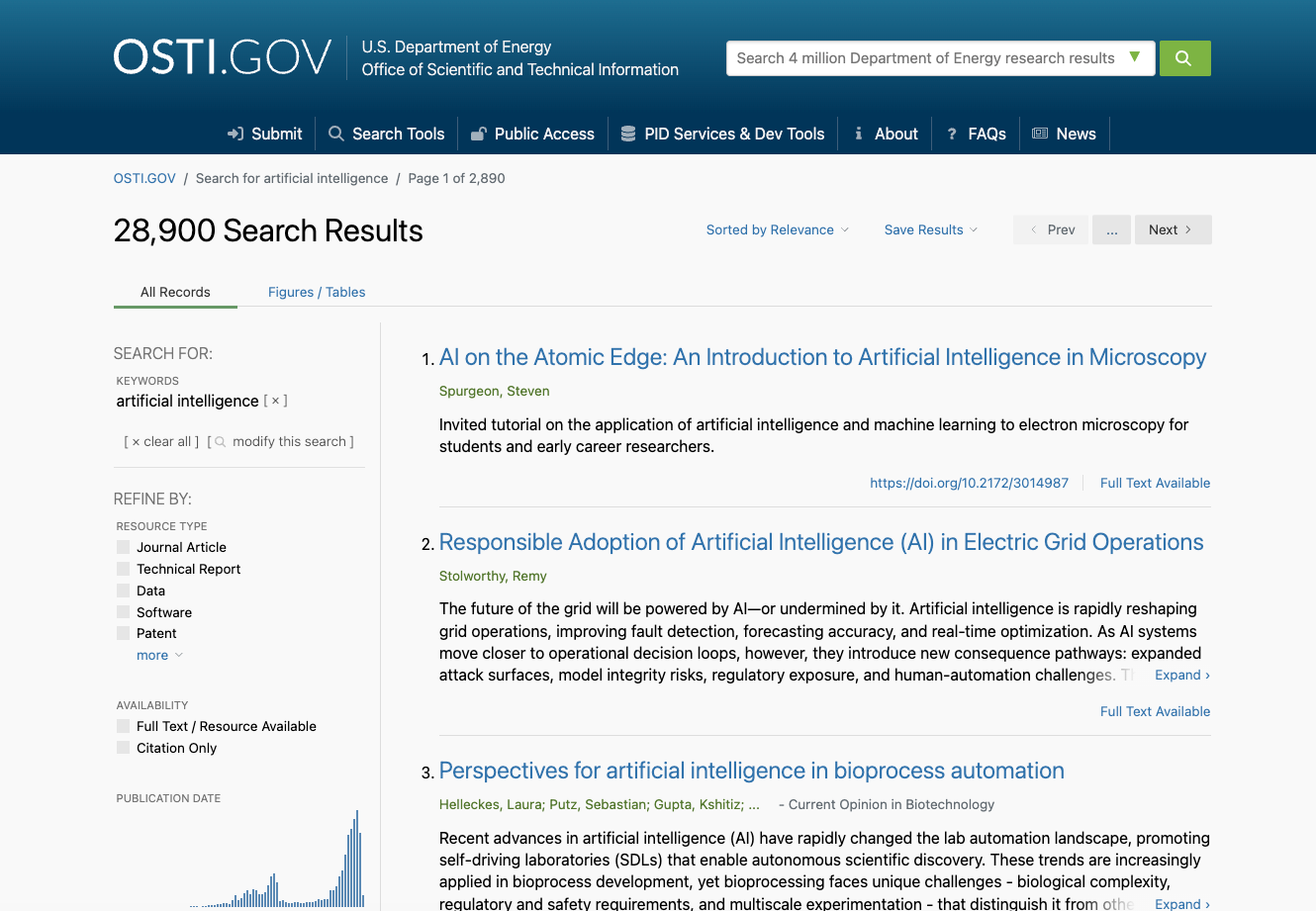 Screenshot of osti.gov website searching for artificial intelligence