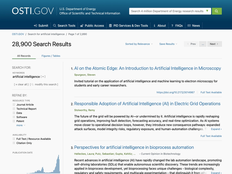 Screenshot of osti.gov website searching for artificial intelligence