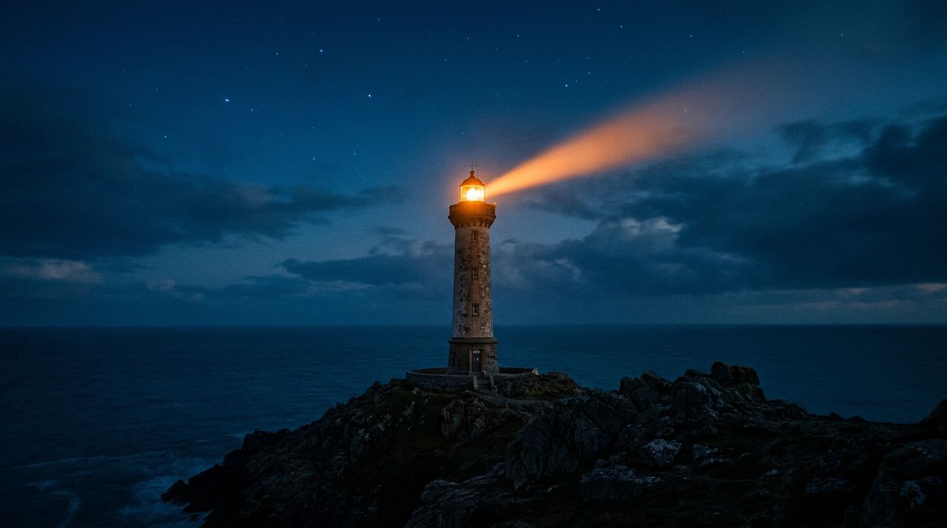 Lighthouse on a rocky point at dusk casting a single orange beam across the sea under early stars