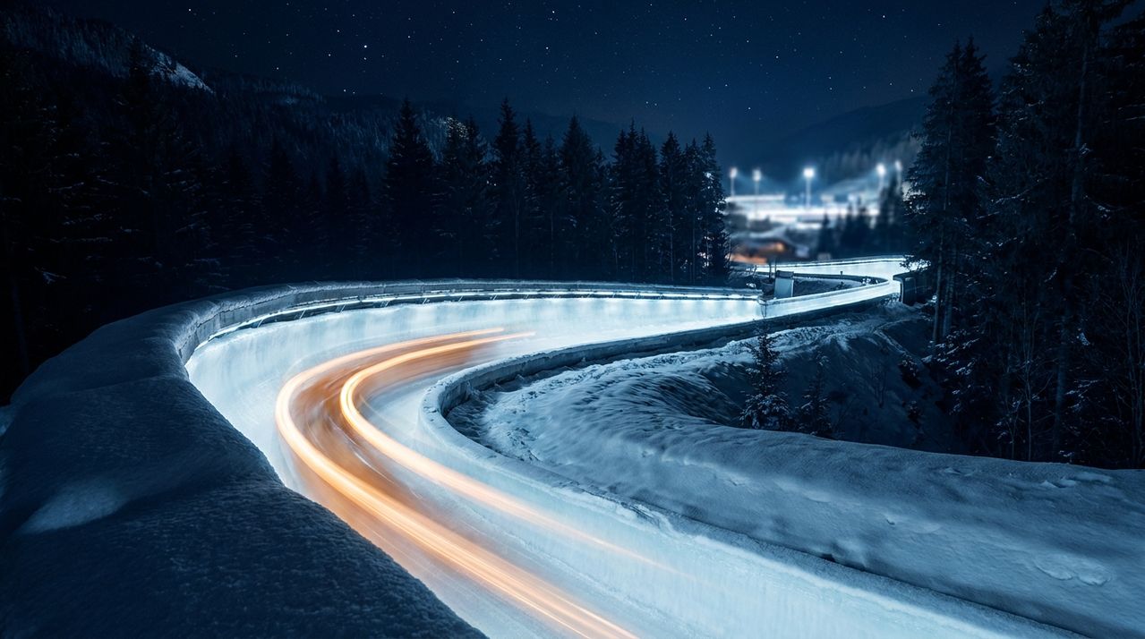 Bobsled track winding through a snowy forest at night, an orange light trail speeding inside its banked walls