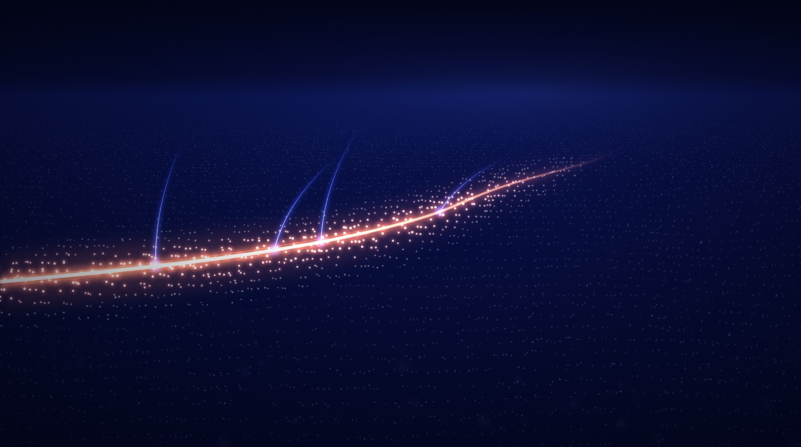 An orange long-exposure light trail sweeps across a deep navy field of faint points stretching toward the horizon, warming the points it passes, with thin electric-blue threads rising from it.