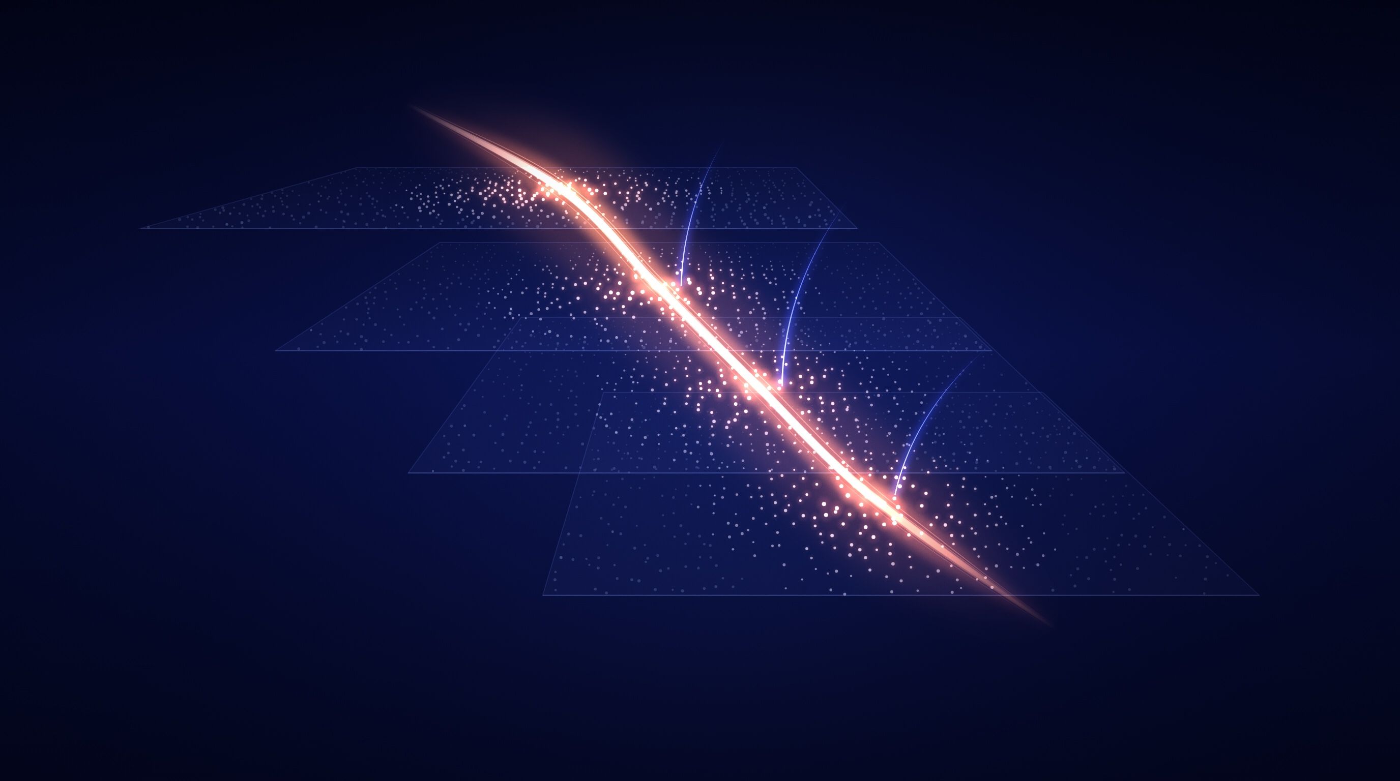 Four translucent layers of faint blue points float in a deep navy space, stepping down from left to right, and a single orange line of light drops through all four, warming the points around each crossing, with thin electric-blue threads rising from the lower layers.