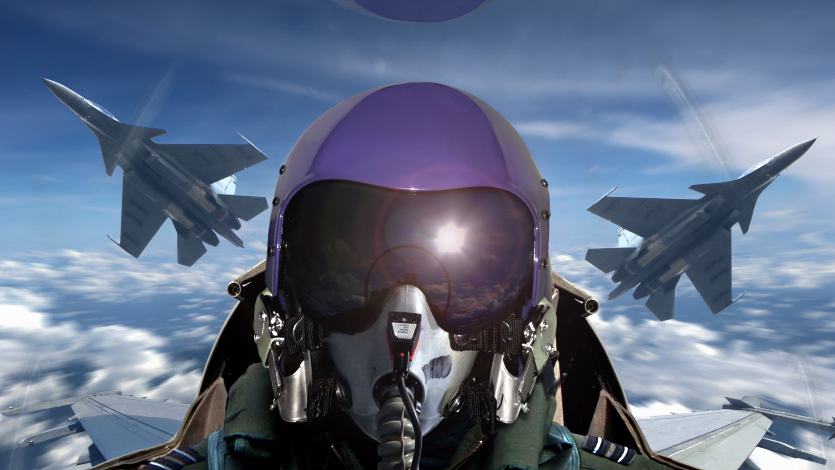 Fighter pilot in cockpit with visor down, flanked by two jets in flight
