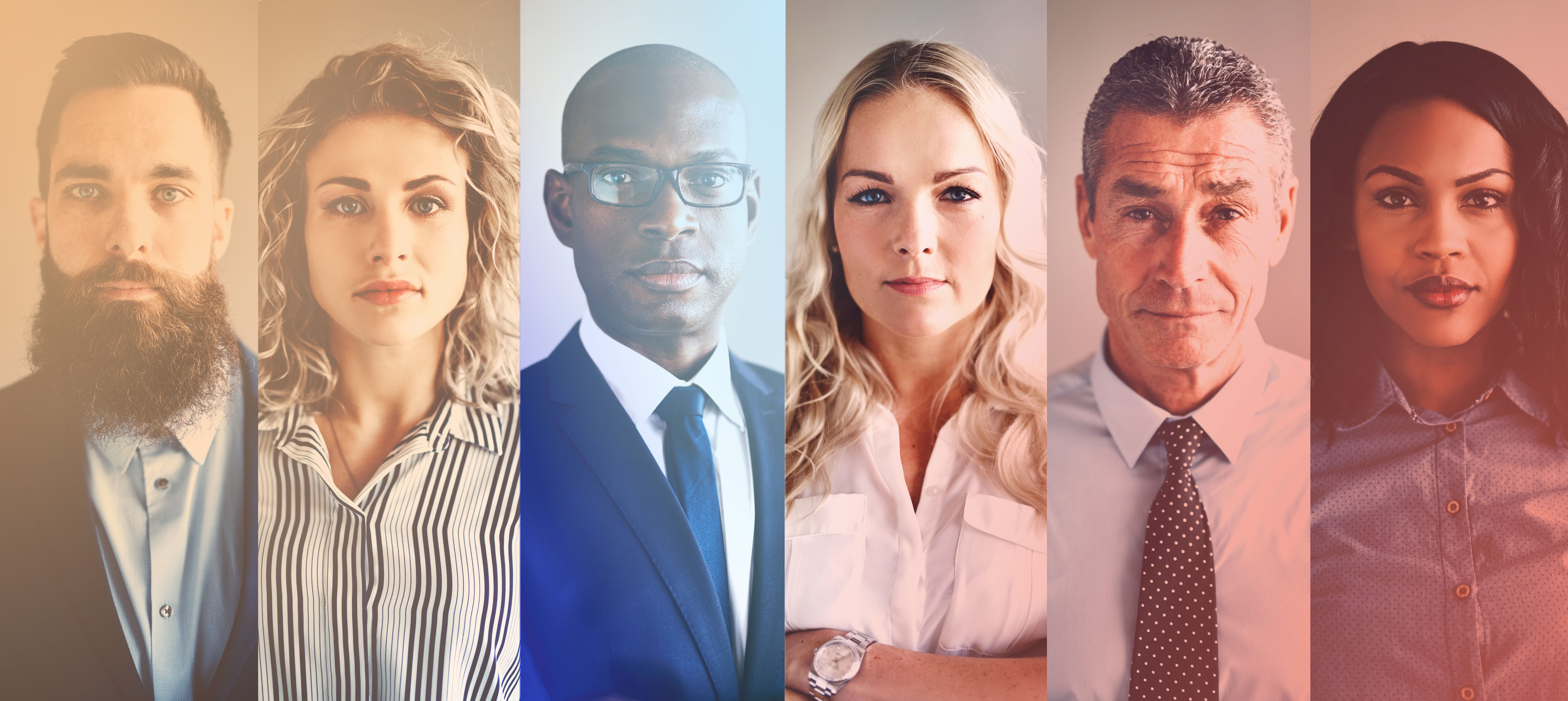 Diverse group of six business professionals shown in side-by-side portrait panels with warm color overlay