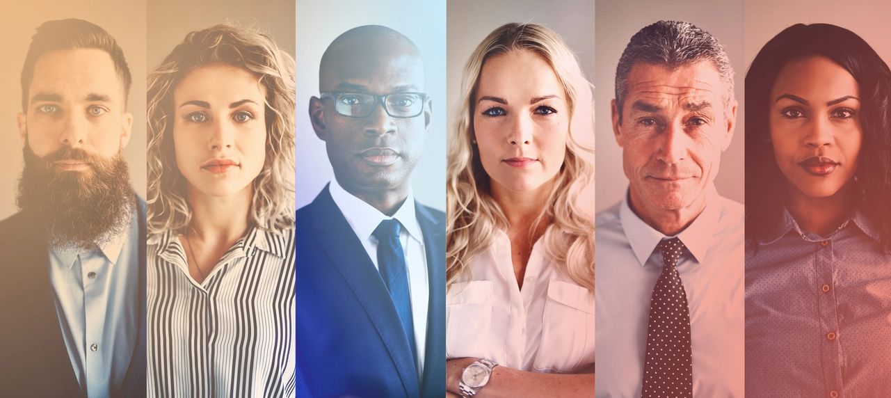 Diverse group of six business professionals shown in side-by-side portrait panels with warm color overlay