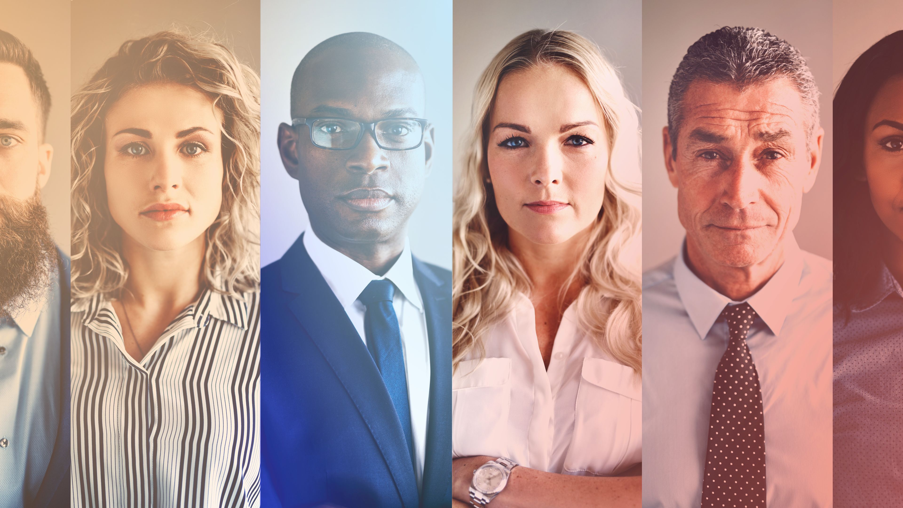 Diverse group of six business professionals shown in side-by-side portrait panels with warm color overlay