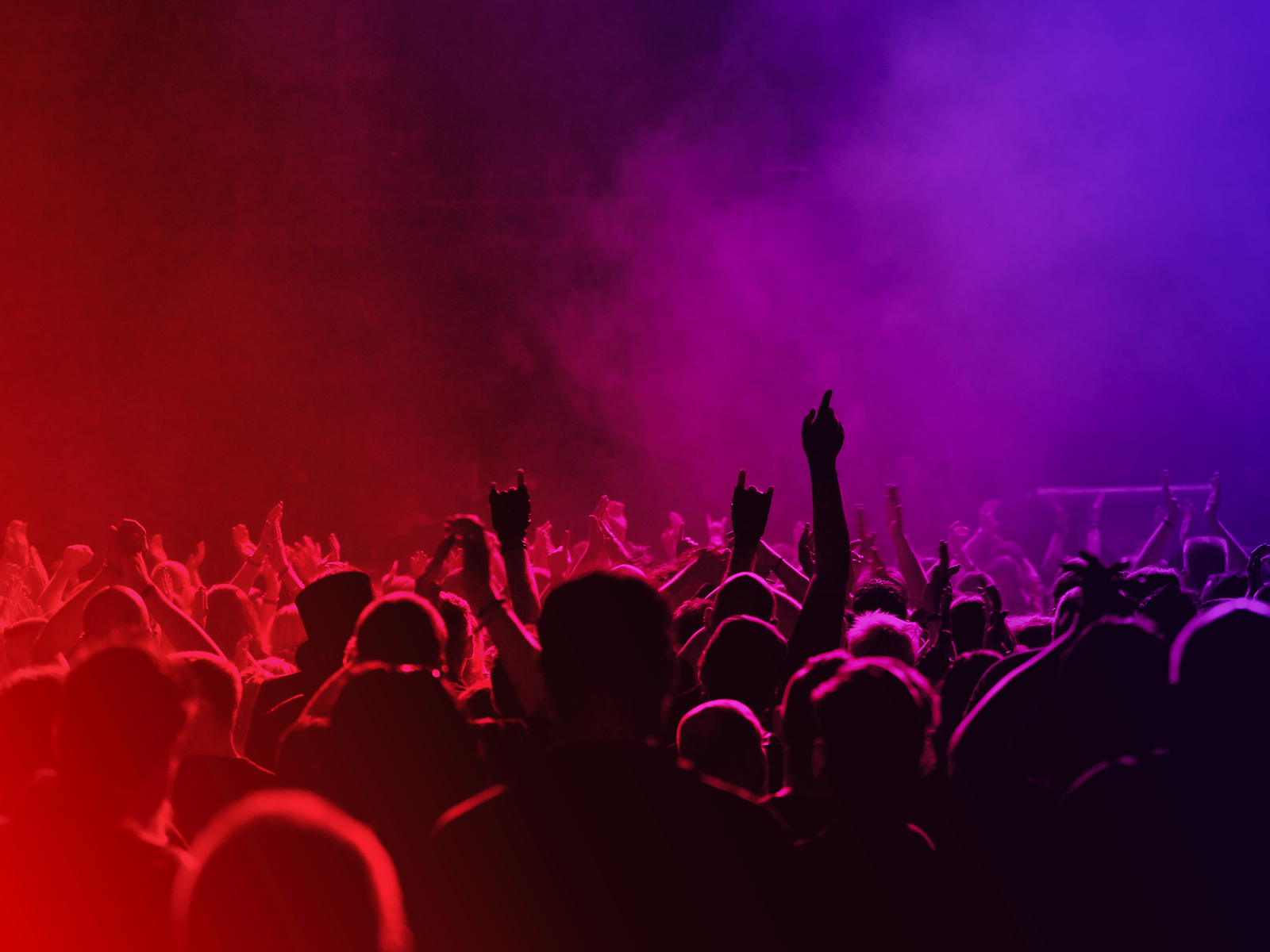 Concert crowd silhouetted against dramatic red and purple stage lighting with haze effects at a Live! Districts entertainment venue