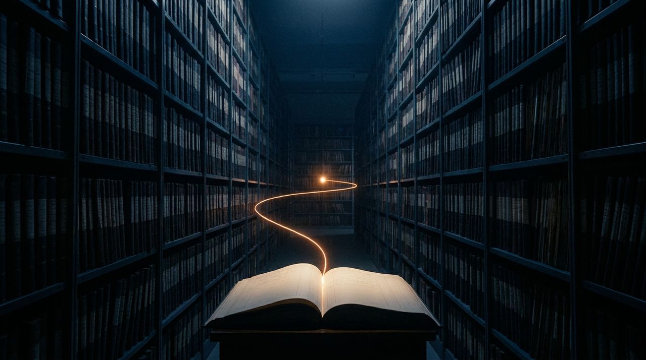 Open ledger in a dark archive with a thread of light rising from the page through rows of shelved records