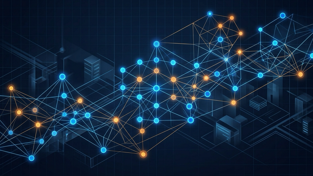 Abstract neural network visualization with connected blue and orange nodes over dark navy server infrastructure, representing Find-it-First content intelligence platform