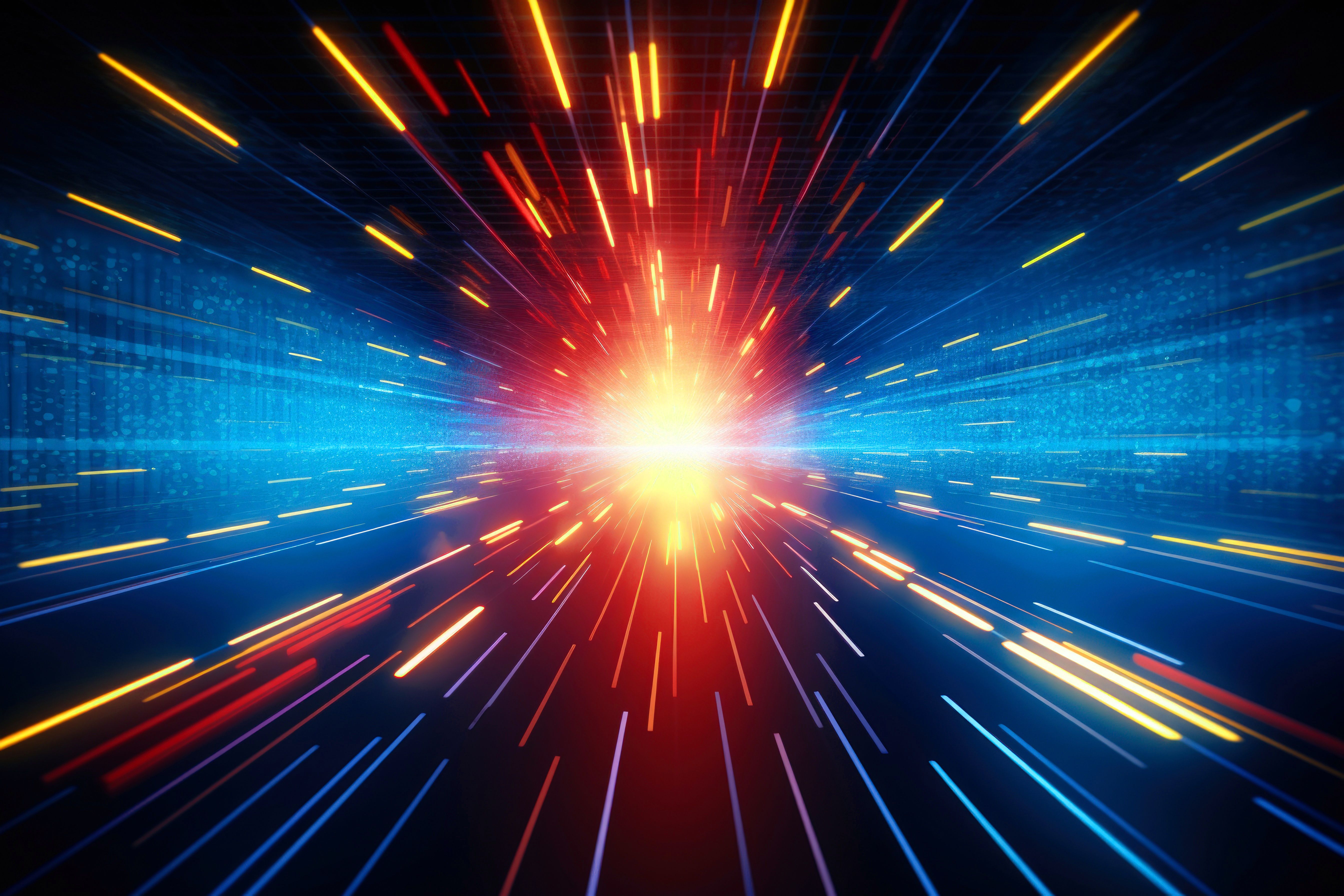 Colorful burst of light rays radiating from a central point against a dark blue digital grid