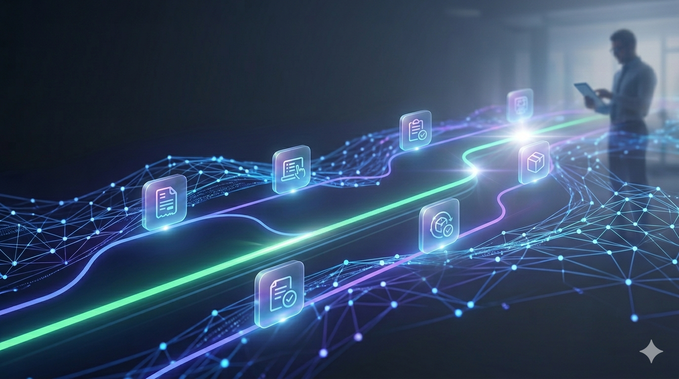 An abstract digital network visualization with glowing data streams and workflow icons, representing Agentforce back-office automation.