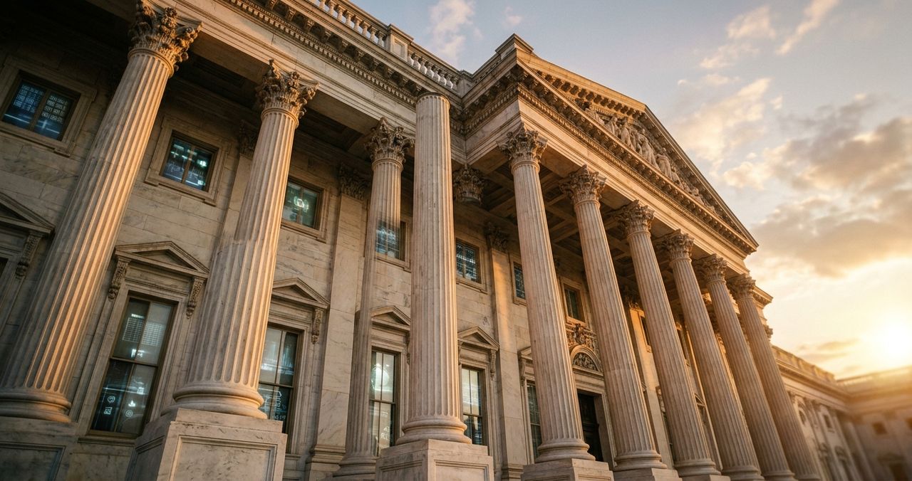 Classical government building with marble Corinthian columns bathed in golden hour sunset light