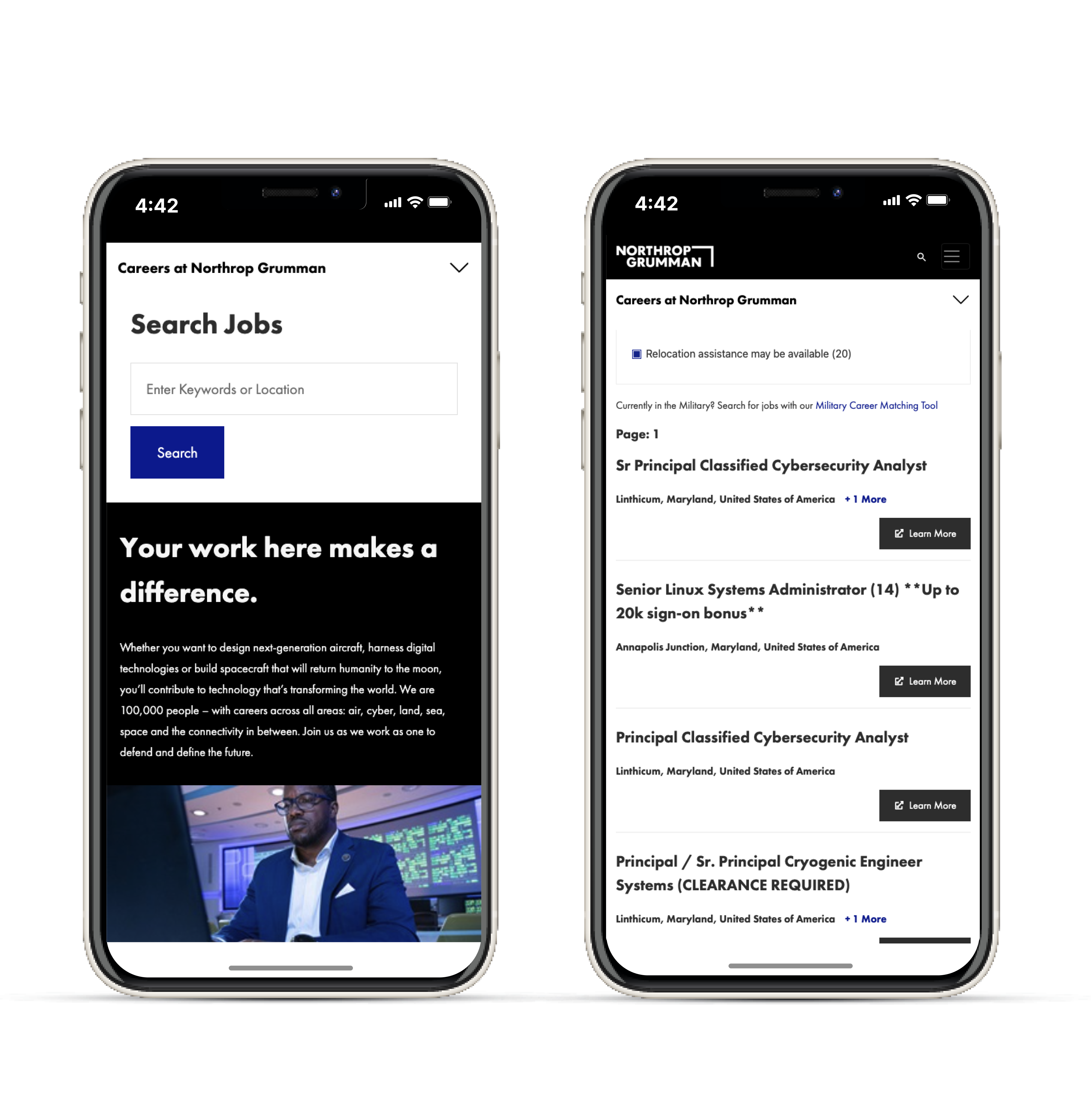 Northrop Grumman mobile website view showing navigation and content