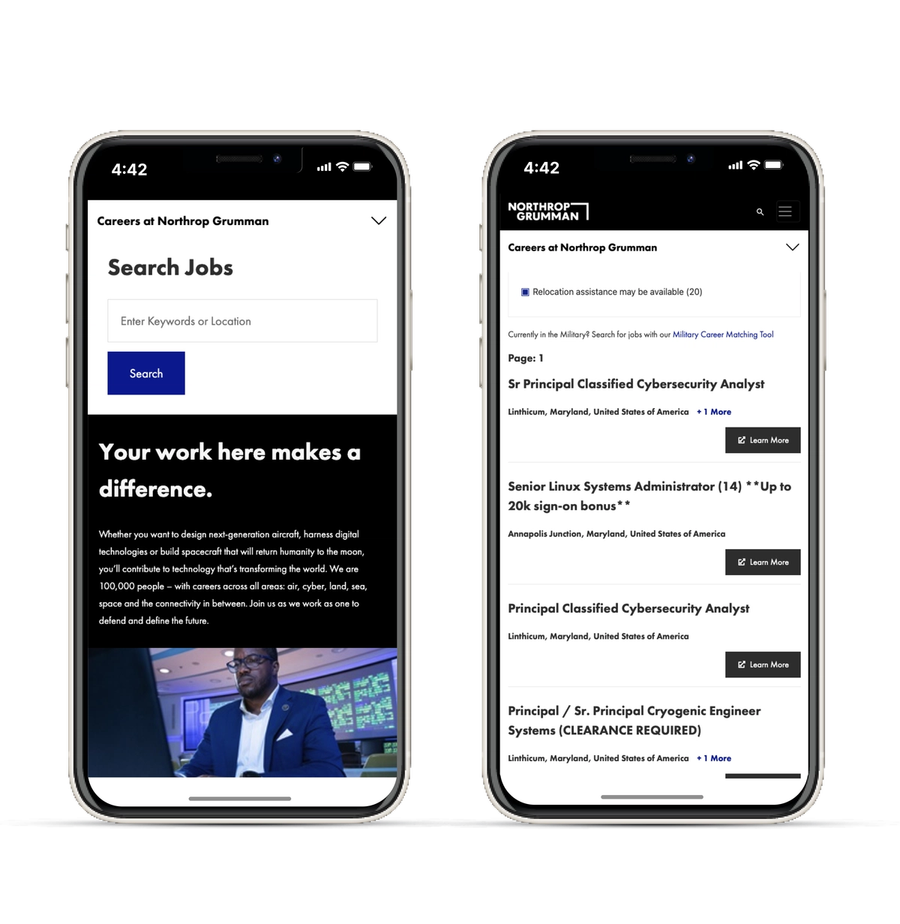 Northrop Grumman mobile website view showing navigation and content