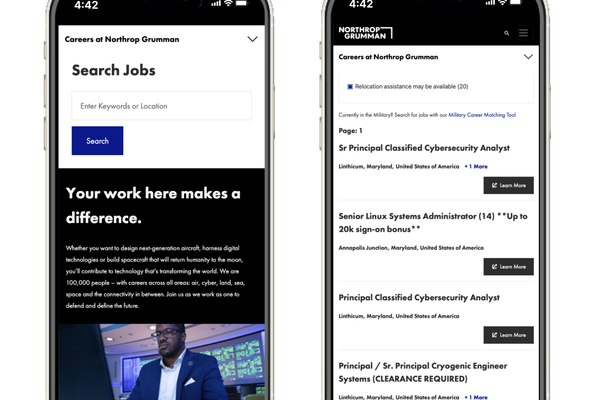 Northrop Grumman mobile website view showing navigation and content