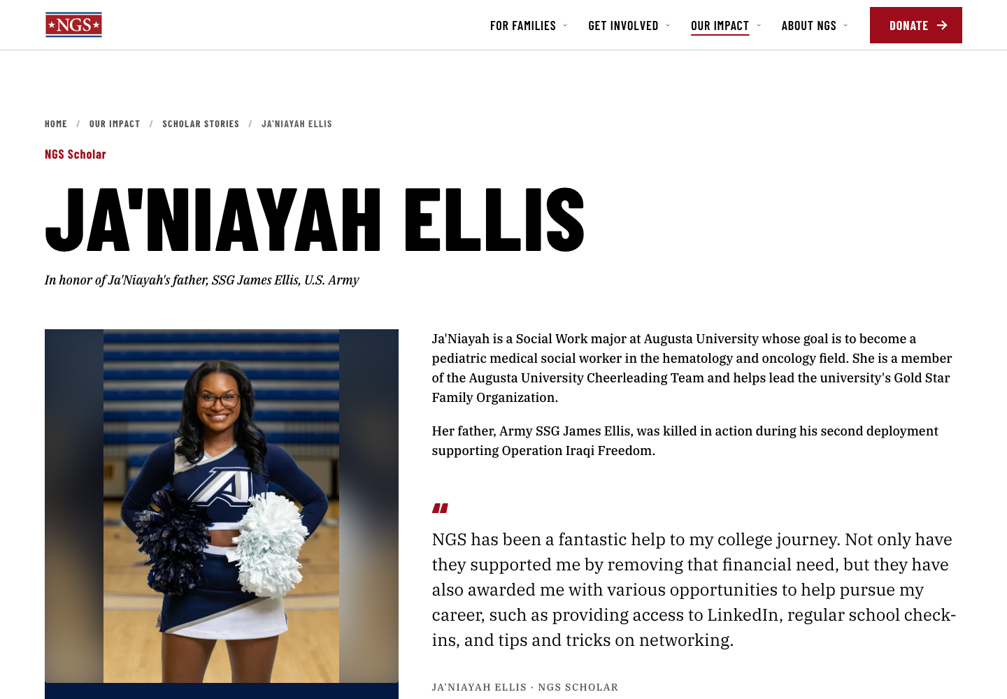 An NGS Scholar profile: Ja’Niayah Ellis, in honor of SSG James Ellis, U.S. Army