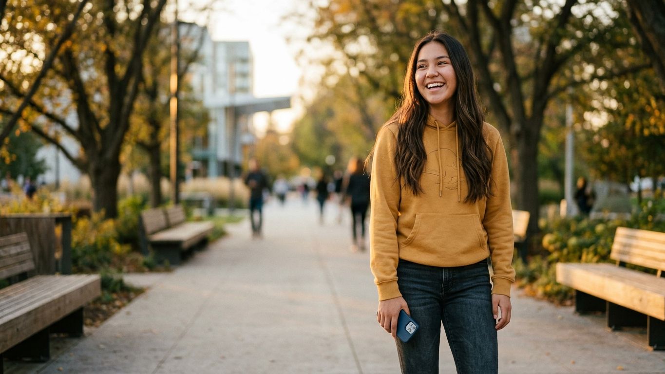 Smiling young Native American woman in a gold hoodie walking on a tree-lined campus path in golden-hour light