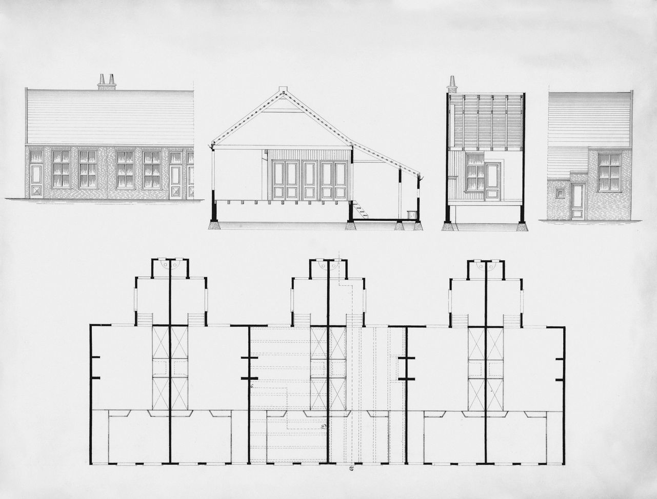 Architectural blueprint showing house elevations and floor plan drawings