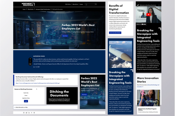 Northrop Grumman website composite showing multiple page layouts and component library