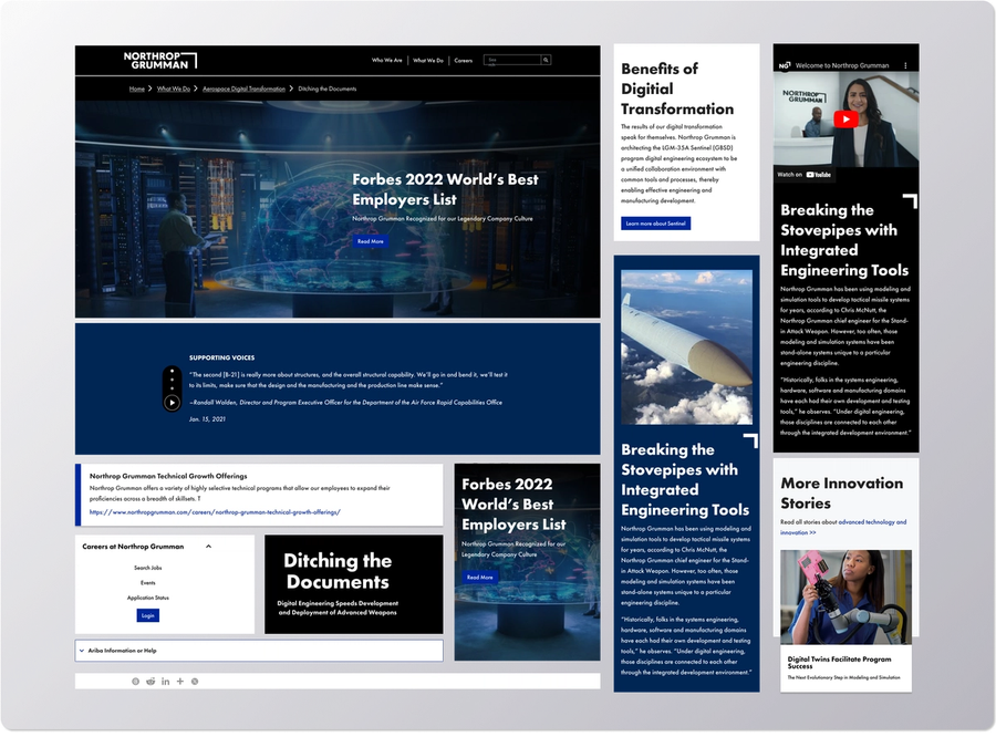 Northrop Grumman website composite showing multiple page layouts and component library