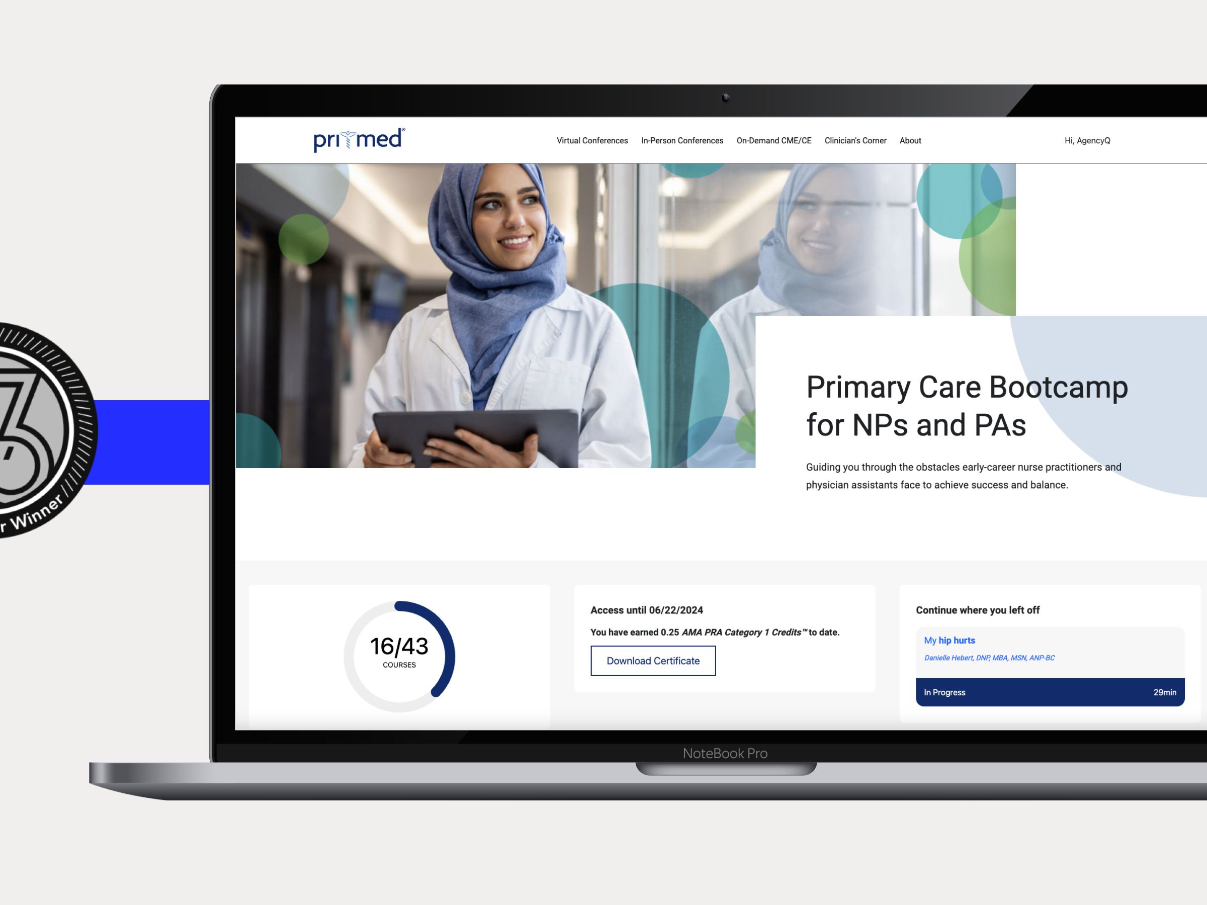 Laptop displaying the Pri-Med training platform with a Primary Care Bootcamp course page, alongside a W3 Silver Award badge