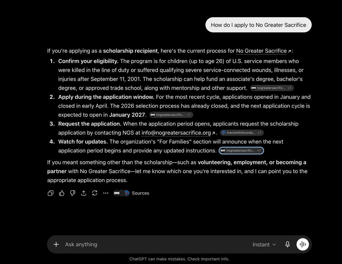 ChatGPT answering how to apply to No Greater Sacrifice, citing nogreatersacrifice.org as its source