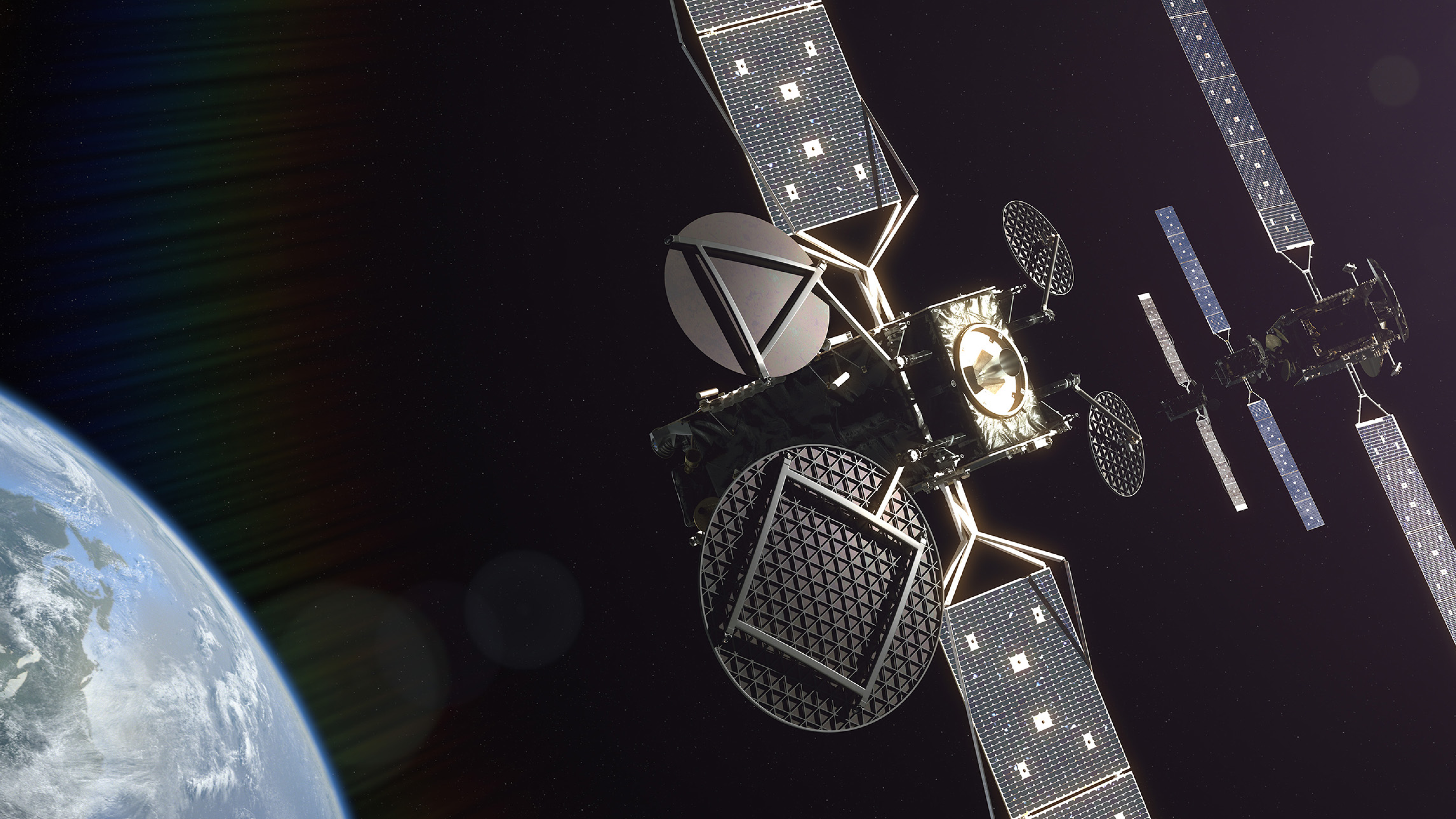 Satellite with extended solar panels orbiting Earth against the dark backdrop of space