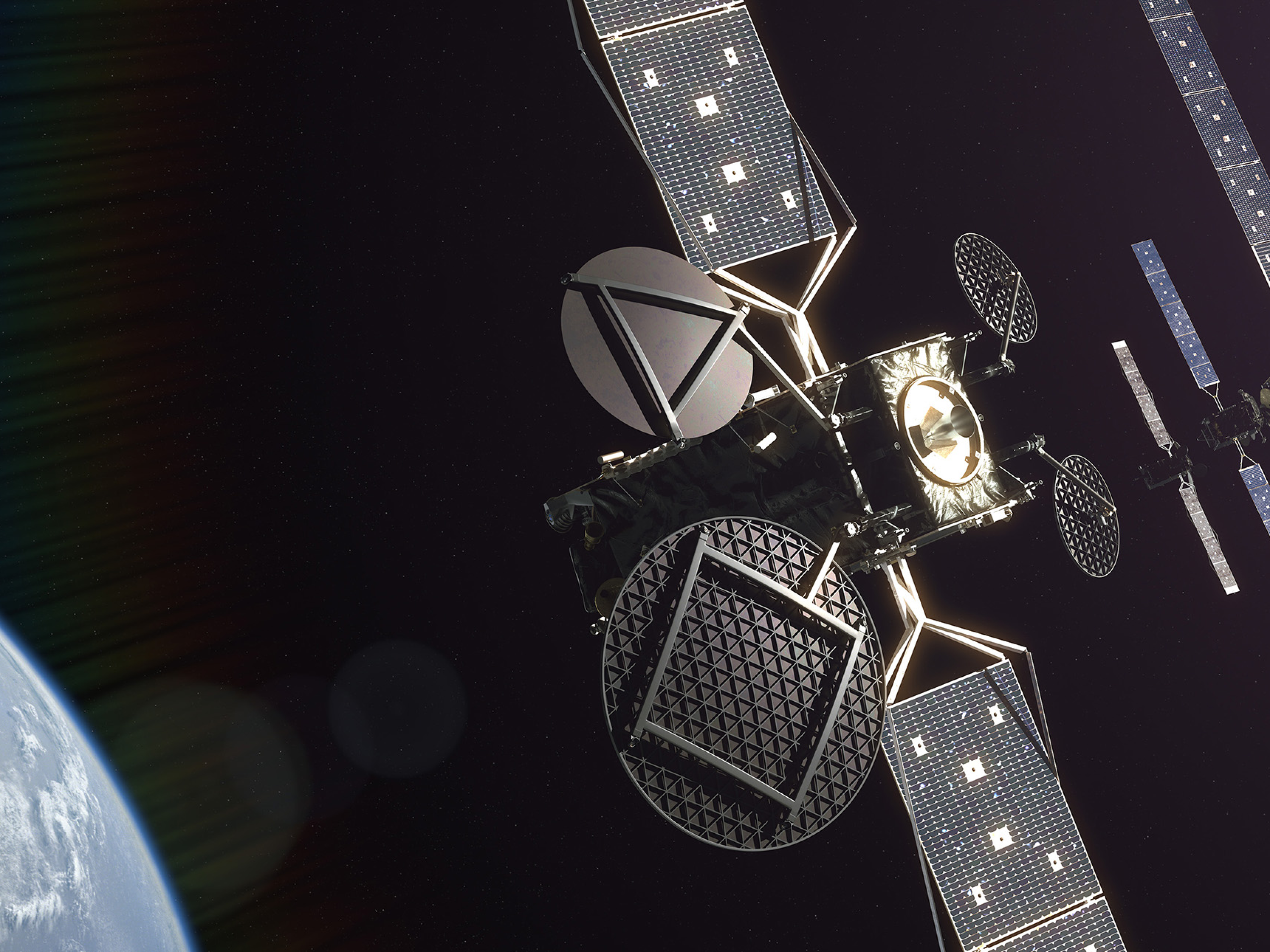 Satellite with extended solar panels orbiting Earth against the dark backdrop of space