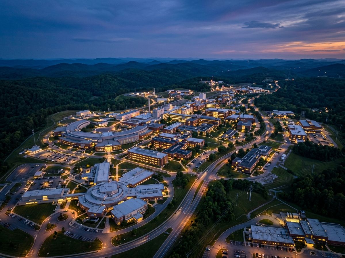 Aerial twilight view of a Department of Energy national laboratory research campus