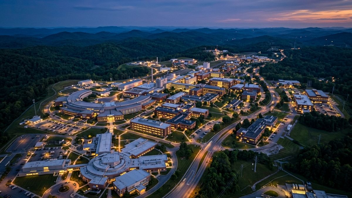 Aerial twilight view of a Department of Energy national laboratory research campus