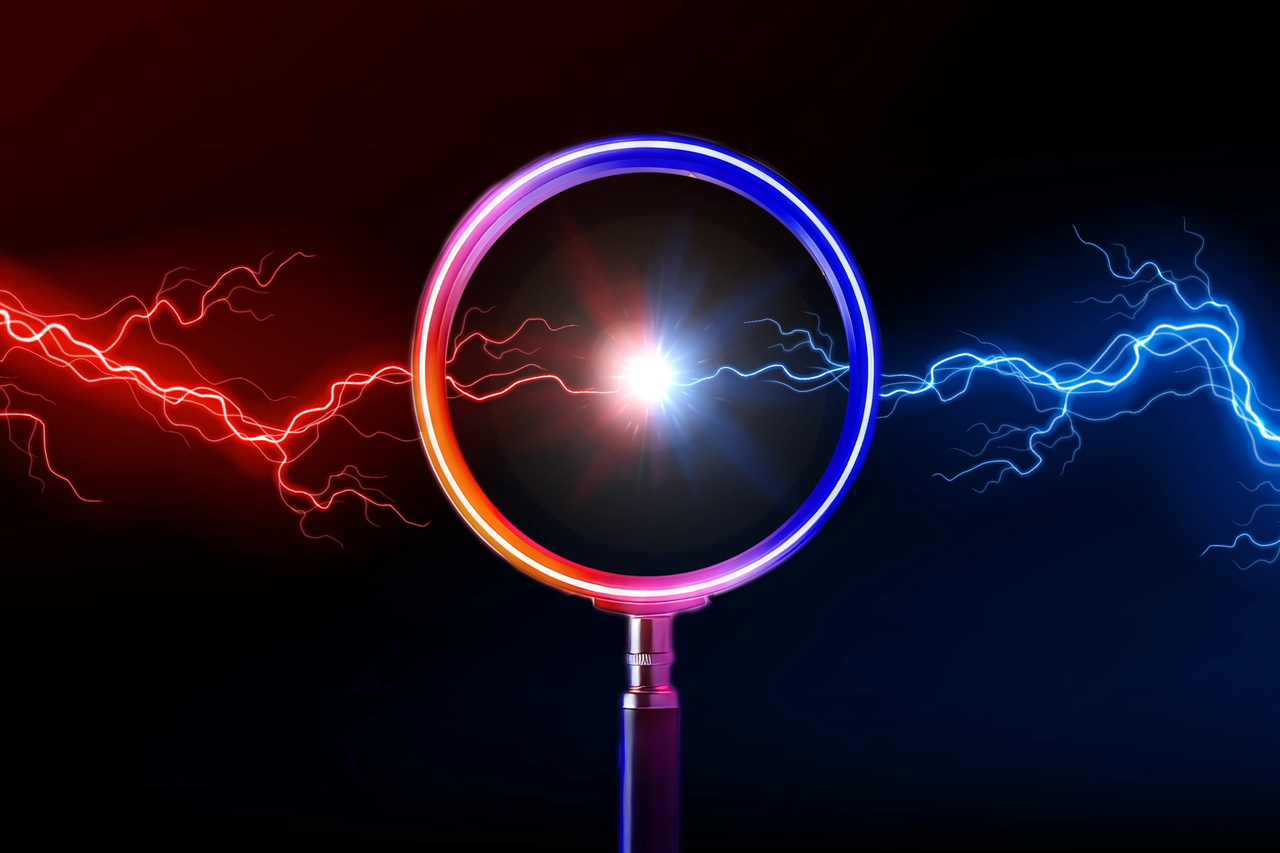 Red and Blue lightning bolts meeting at a magnifying glass