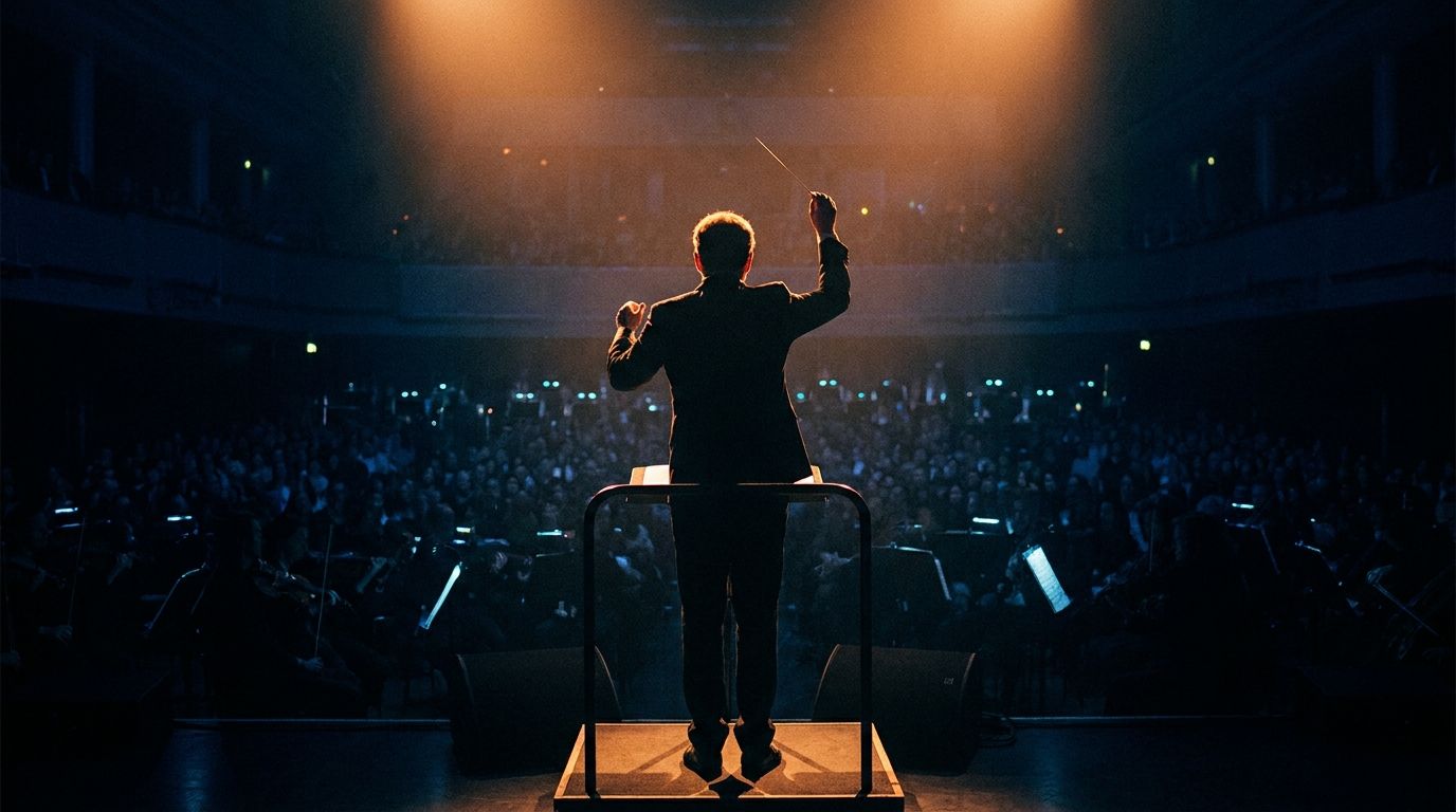 Conductor seen from behind on a podium, baton raised, leading an orchestra before a full concert hall