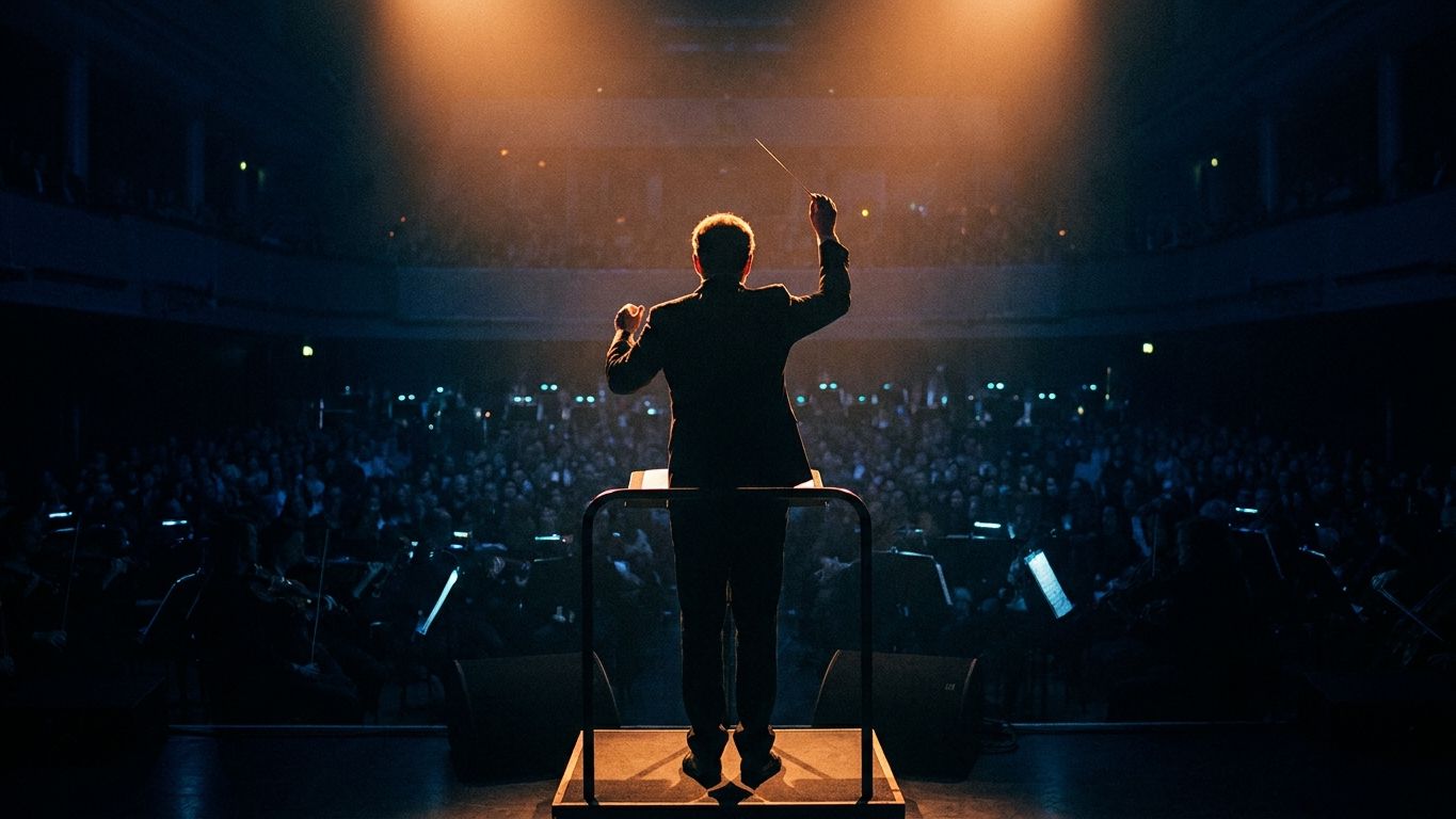 Conductor seen from behind on a podium, baton raised, leading an orchestra before a full concert hall