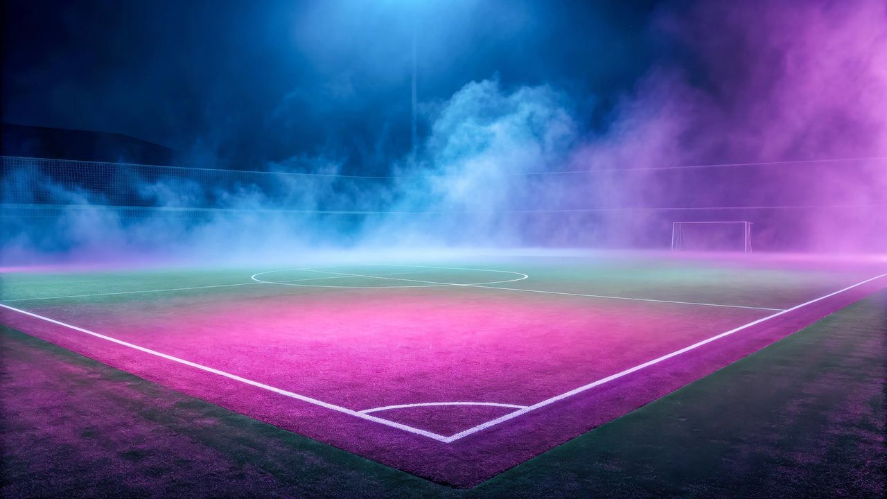 Empty soccer field lit by dramatic blue and purple stadium lights with fog