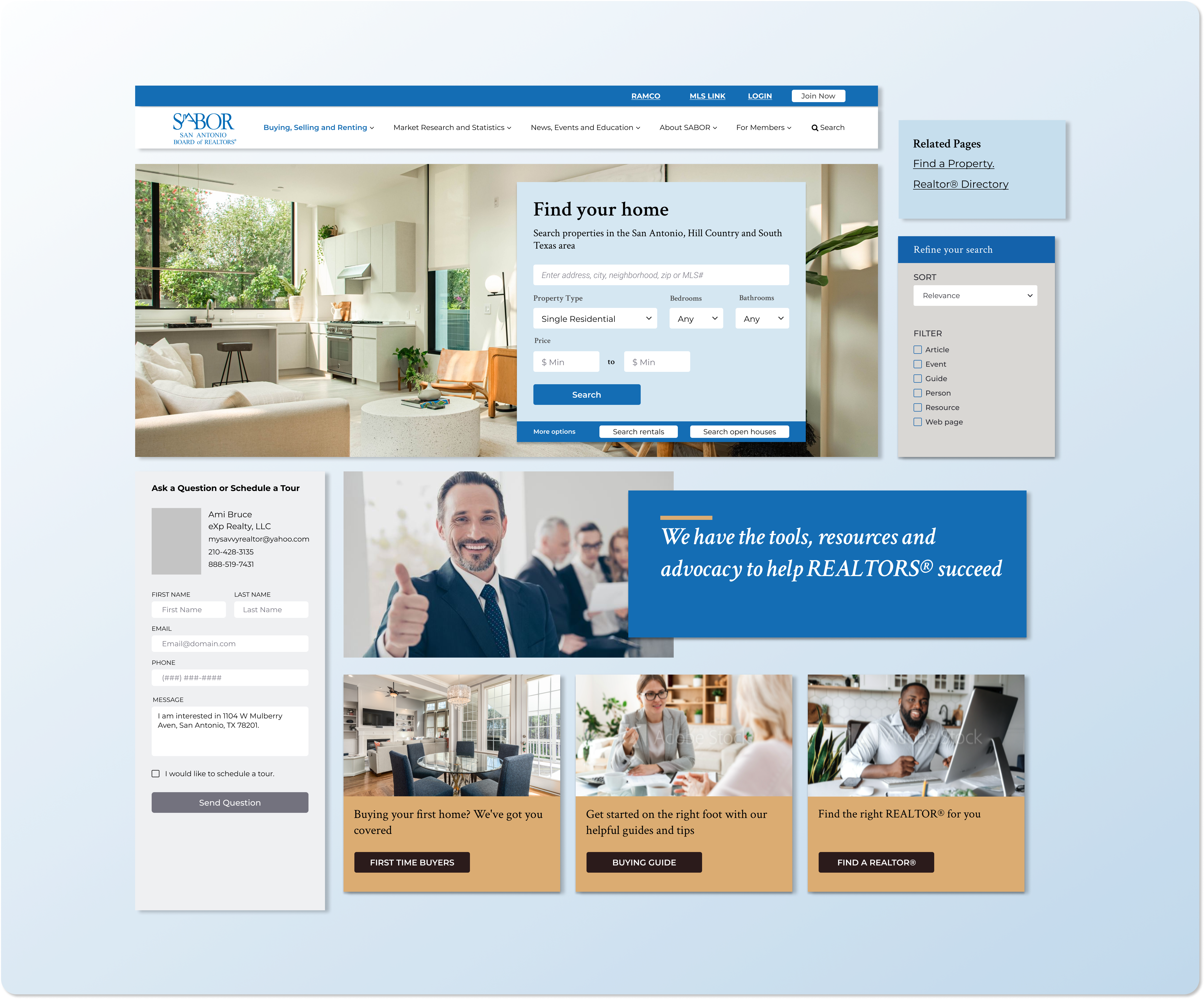 Composite screenshot of a real estate website showing property search, homepage layout, and content editing interface