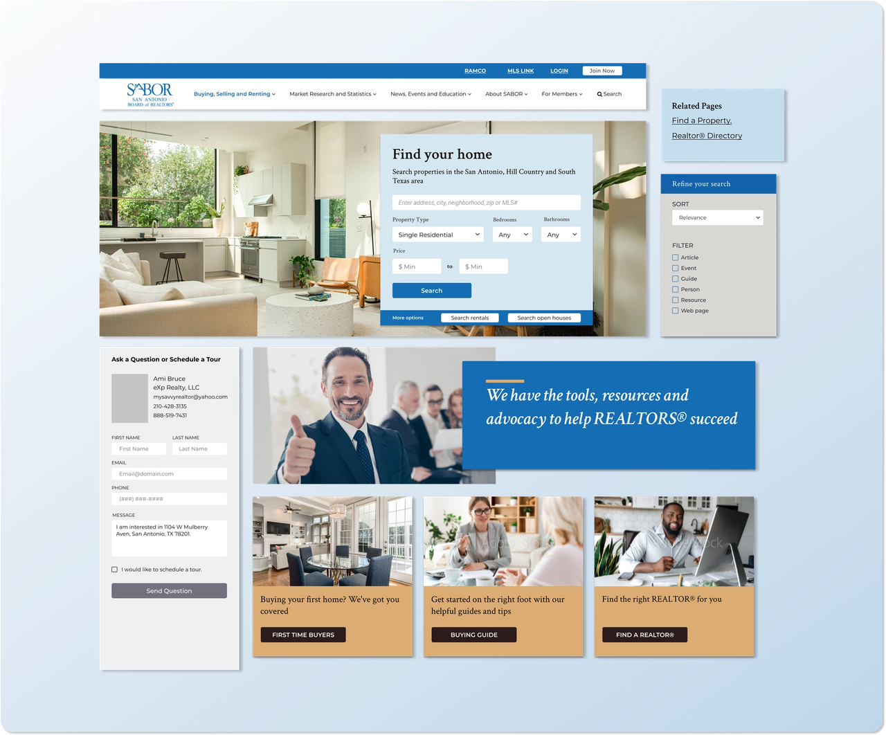 Composite screenshot of a real estate website showing property search, homepage layout, and content editing interface
