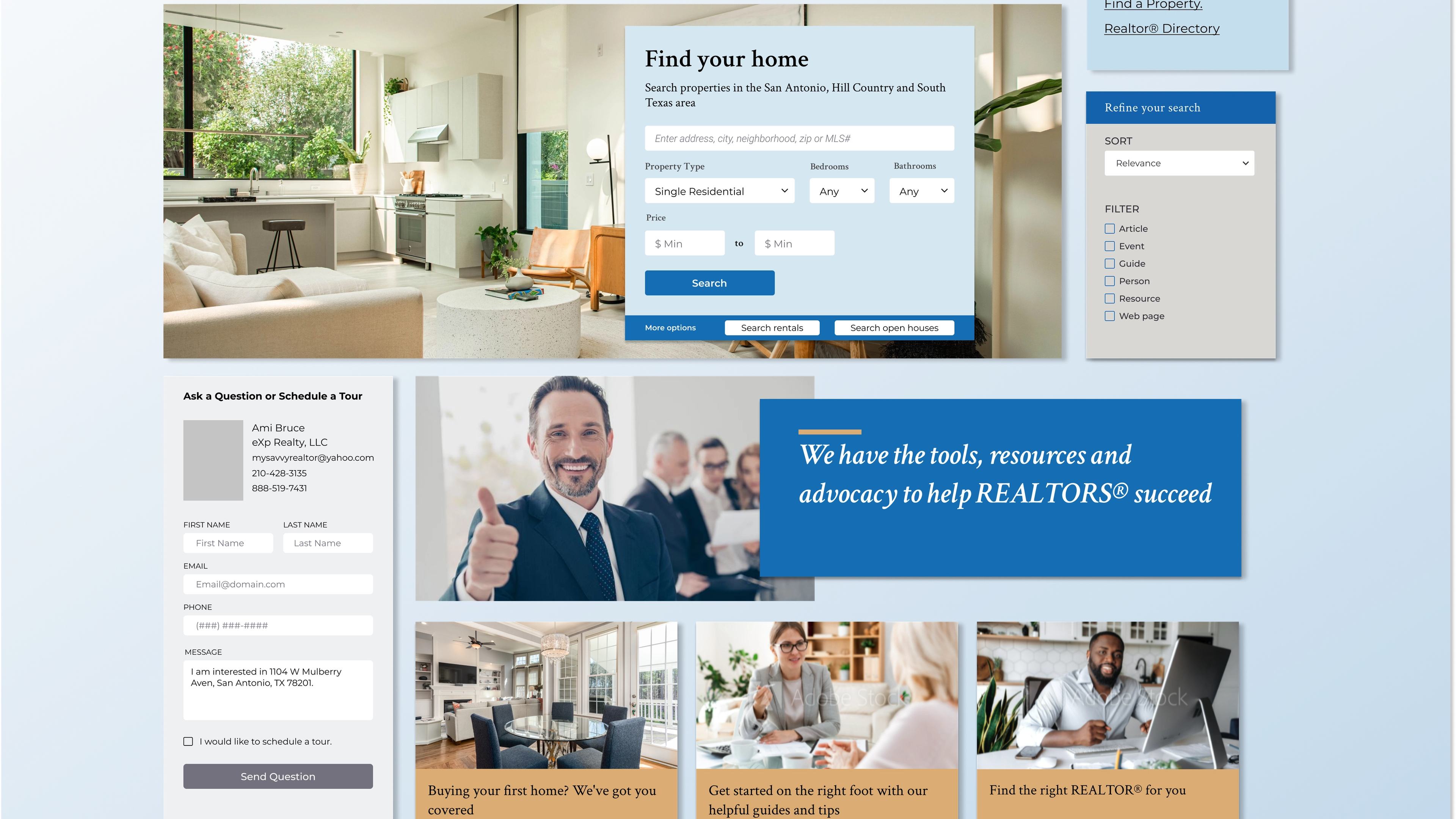 Composite screenshot of a real estate website showing property search, homepage layout, and content editing interface