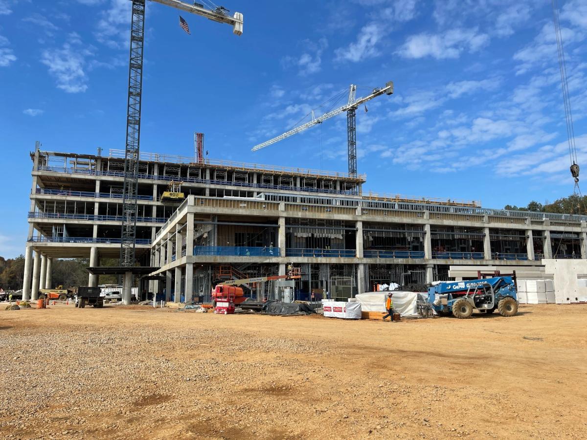 Concrete structure and tower cranes at the MedWest Hospital project in Bessemer, Alabama