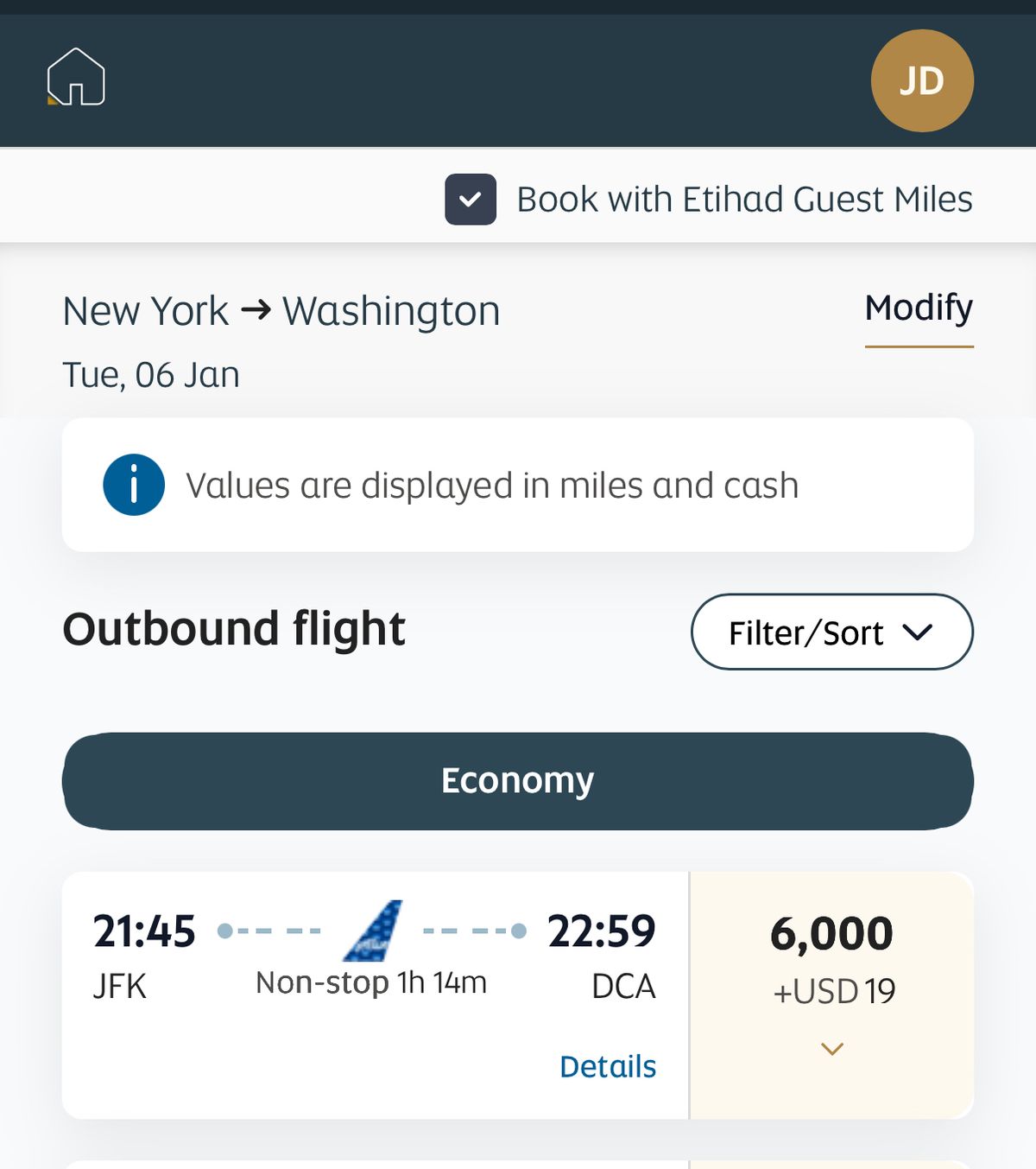 Domestic flight on Etihad 6k miles