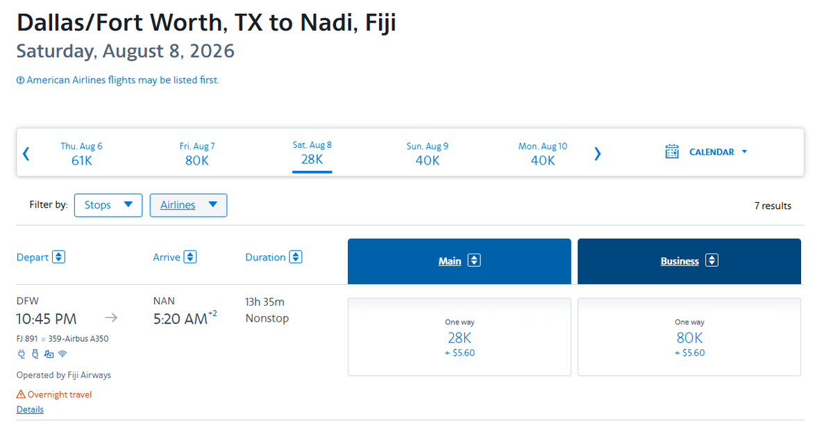 Flights to Fiji on AA