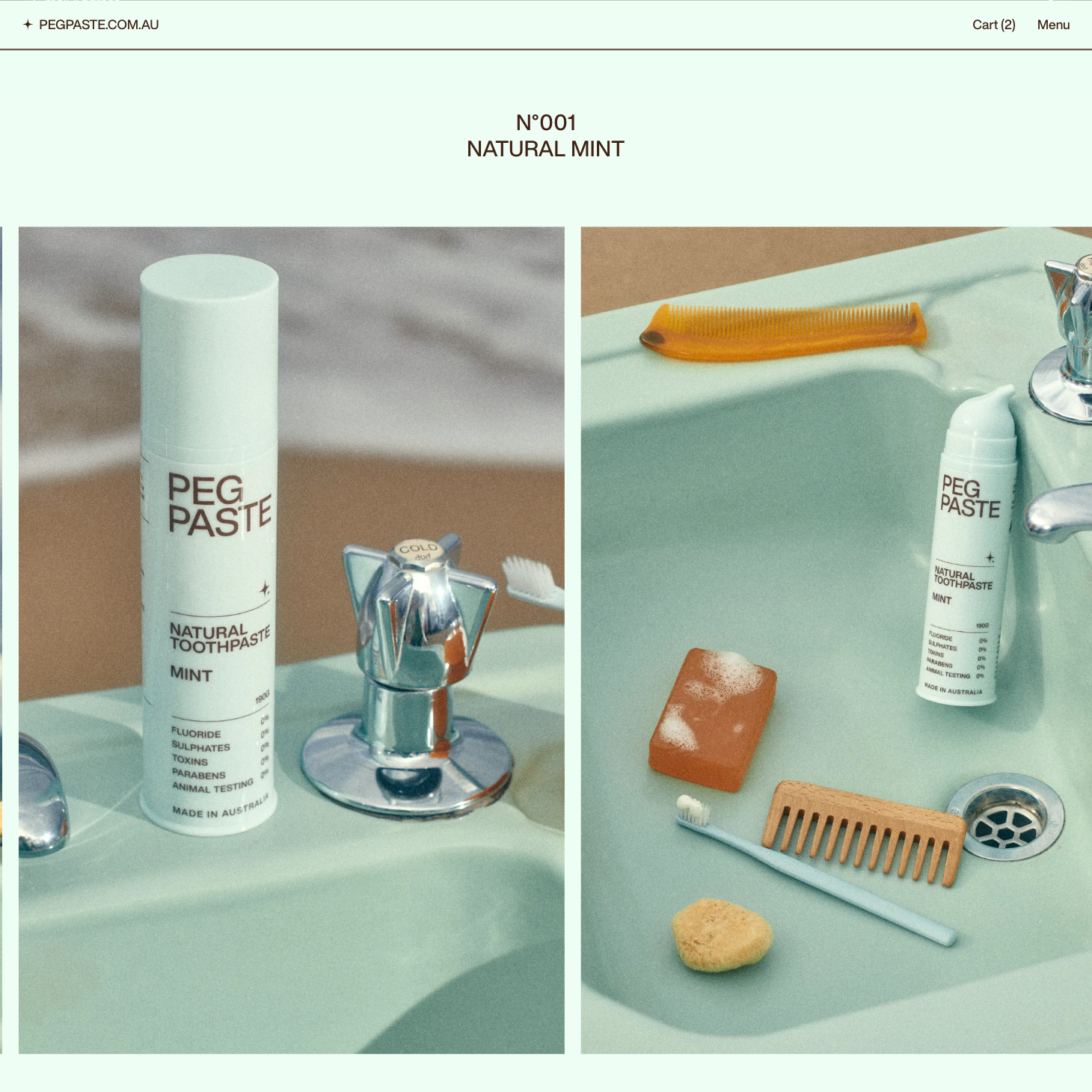Stylised product shots of Peg Paste toothpaste