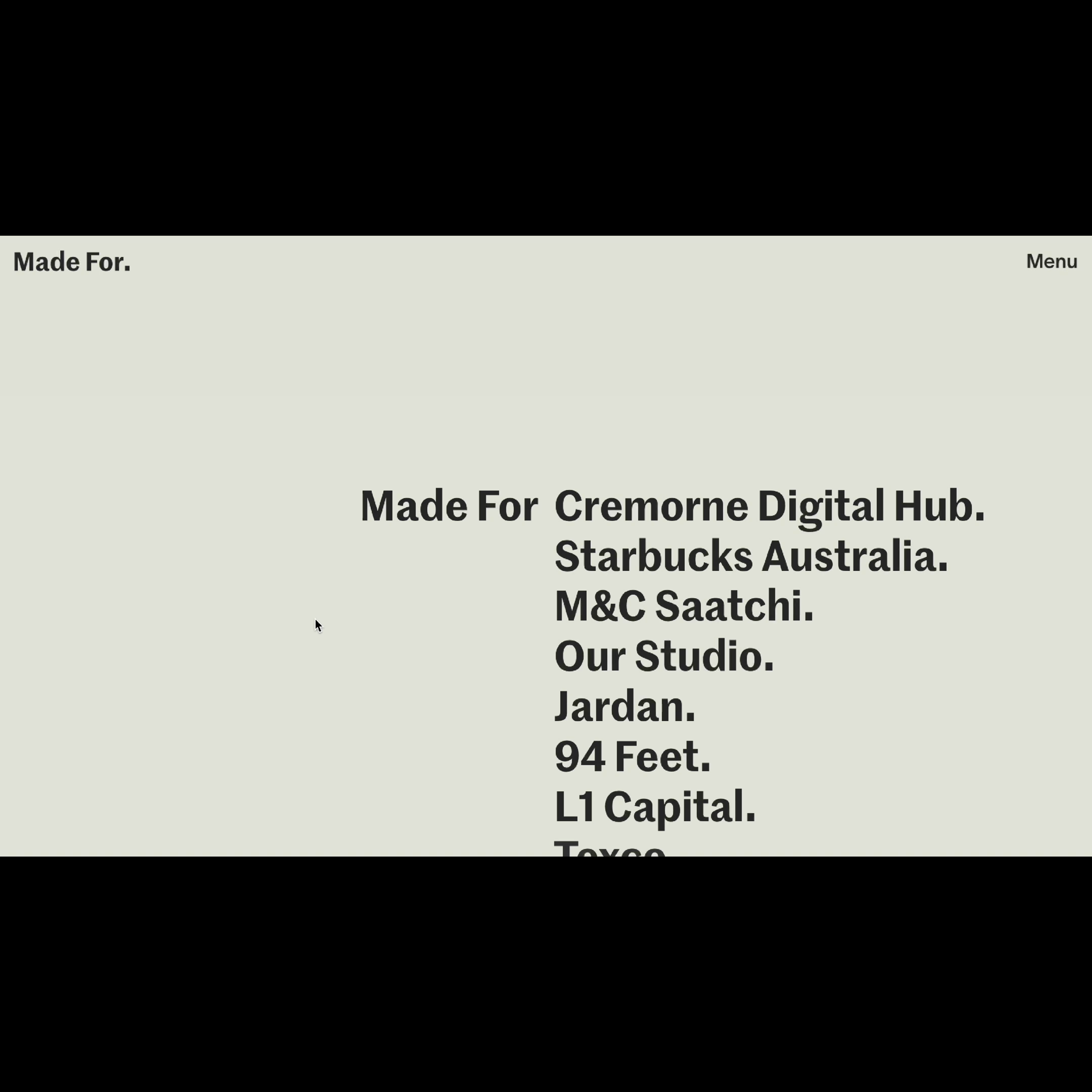 A still of the Made For projects page