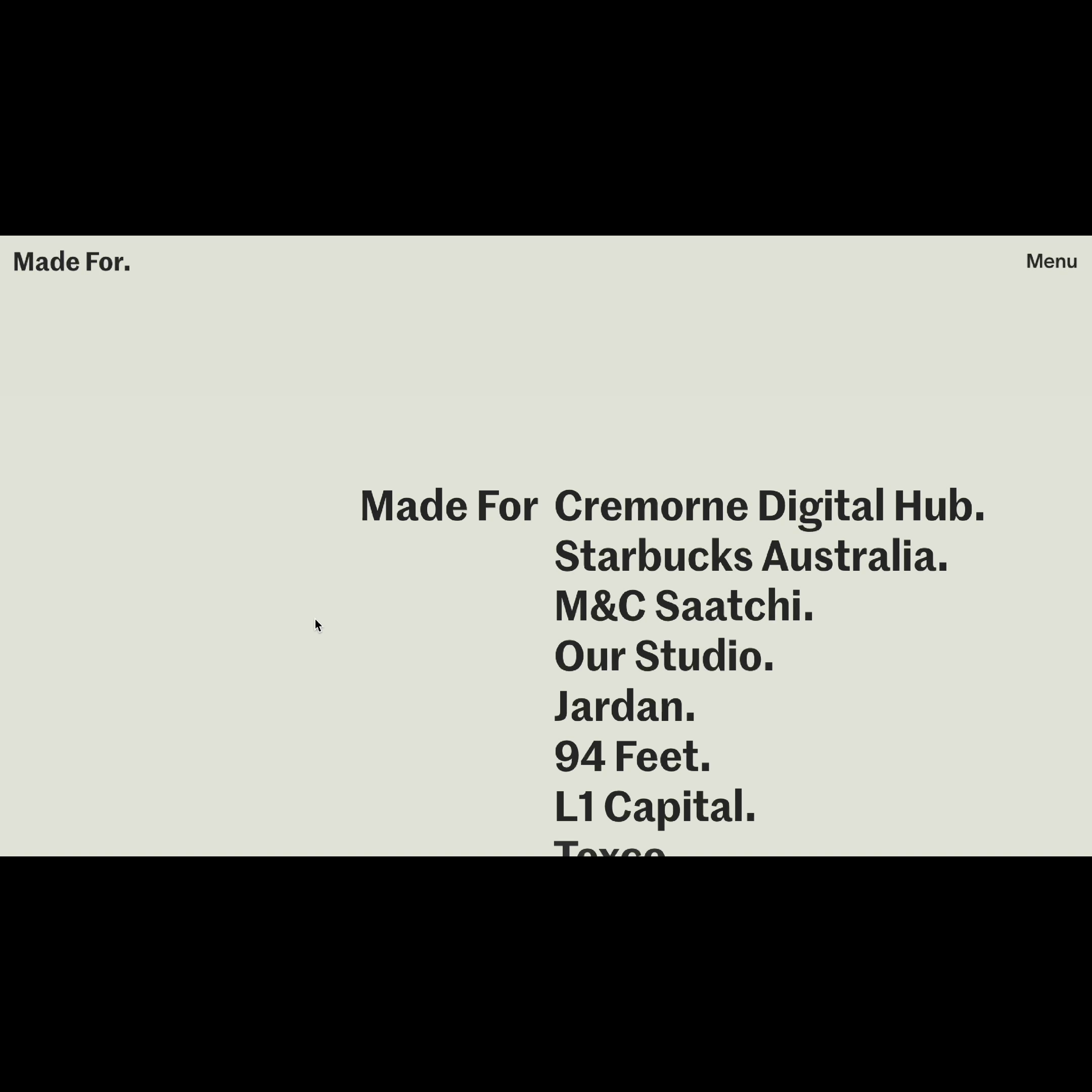 A still of the Made For projects page