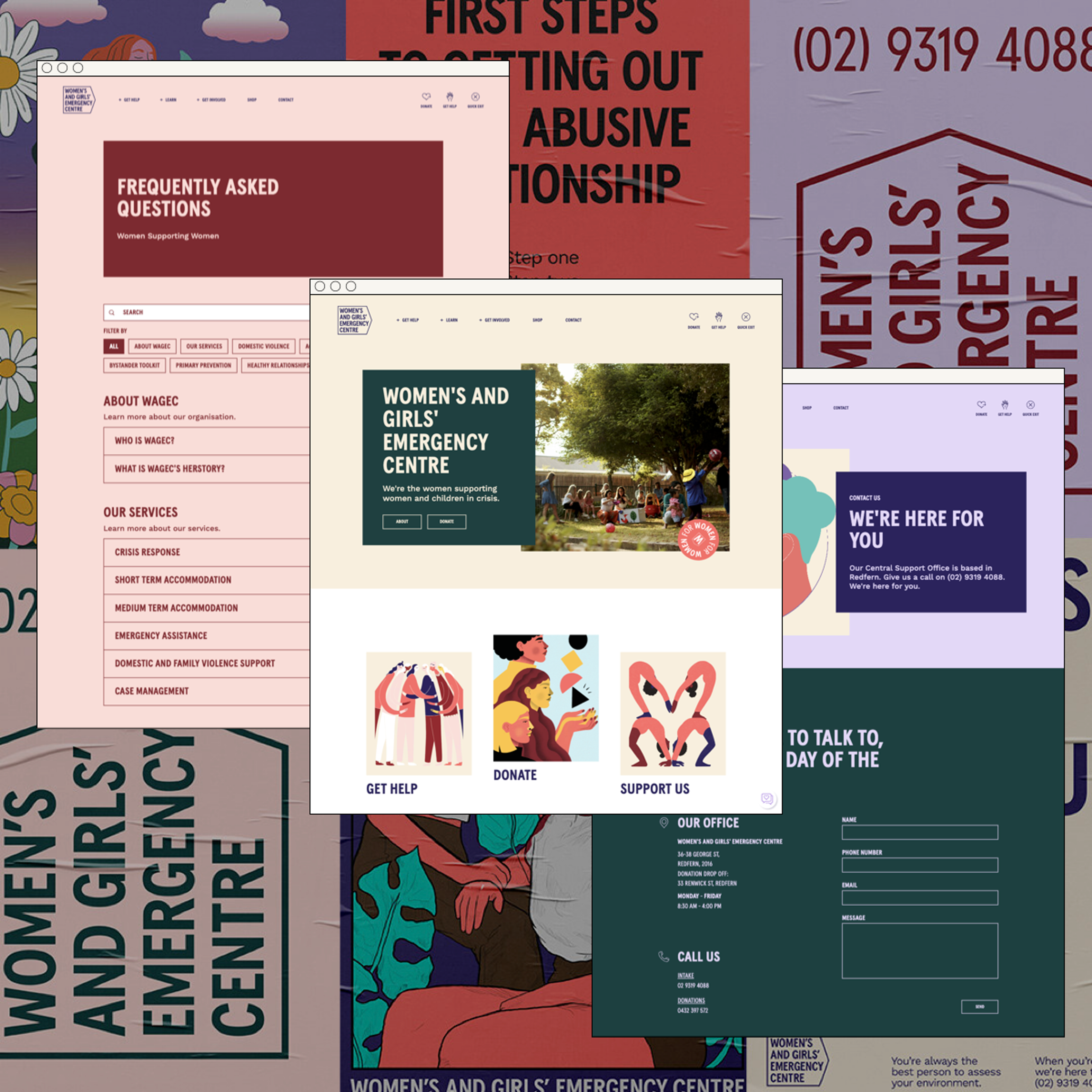 Various desktop screens of the Women's and Girls' Emergency Centre Website