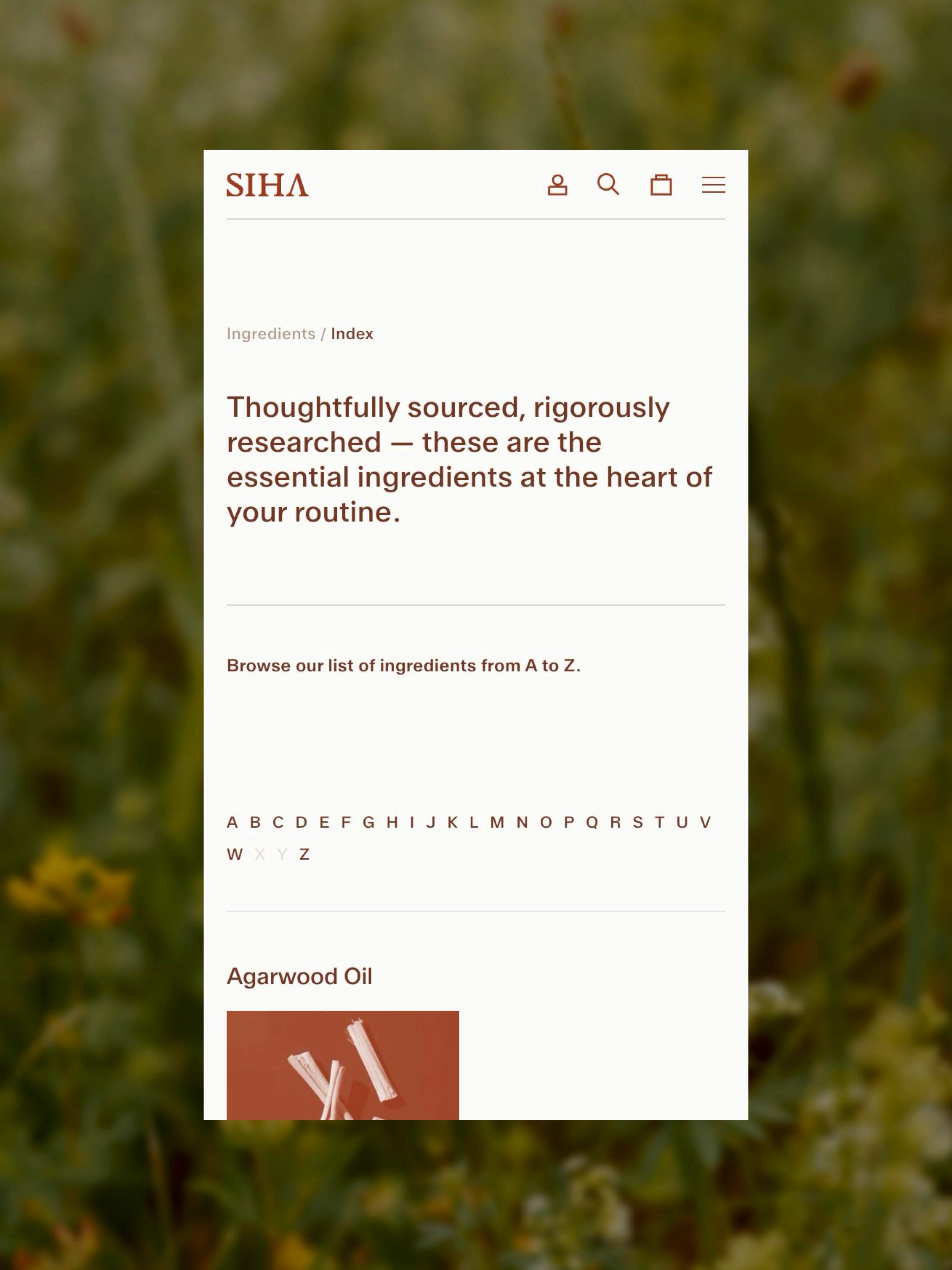 A skincare ingredients glossary on a mobile device