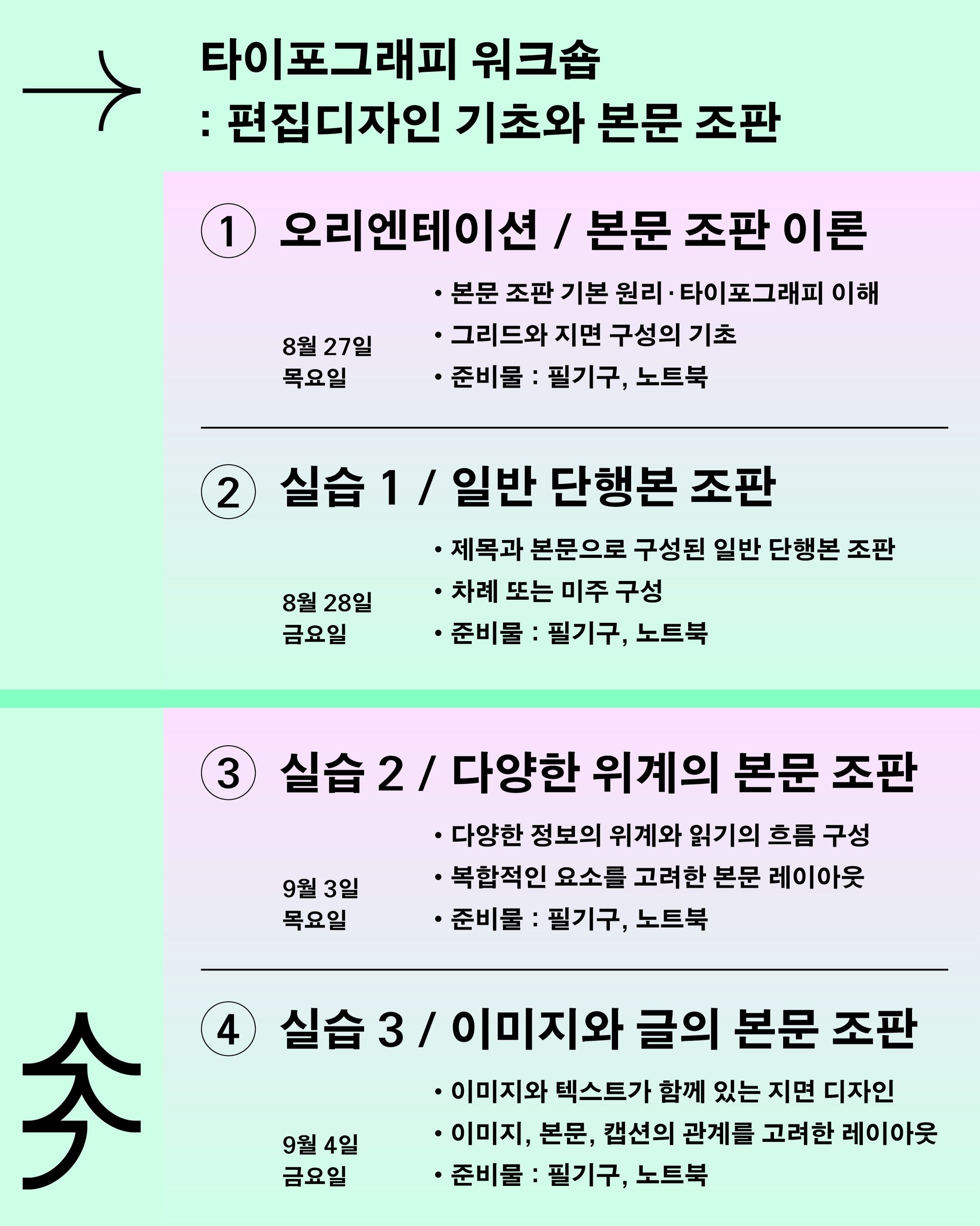 방학 특강 타이포그래피 워크숍: 편집디자인 기초와 본문 조판 포스터
