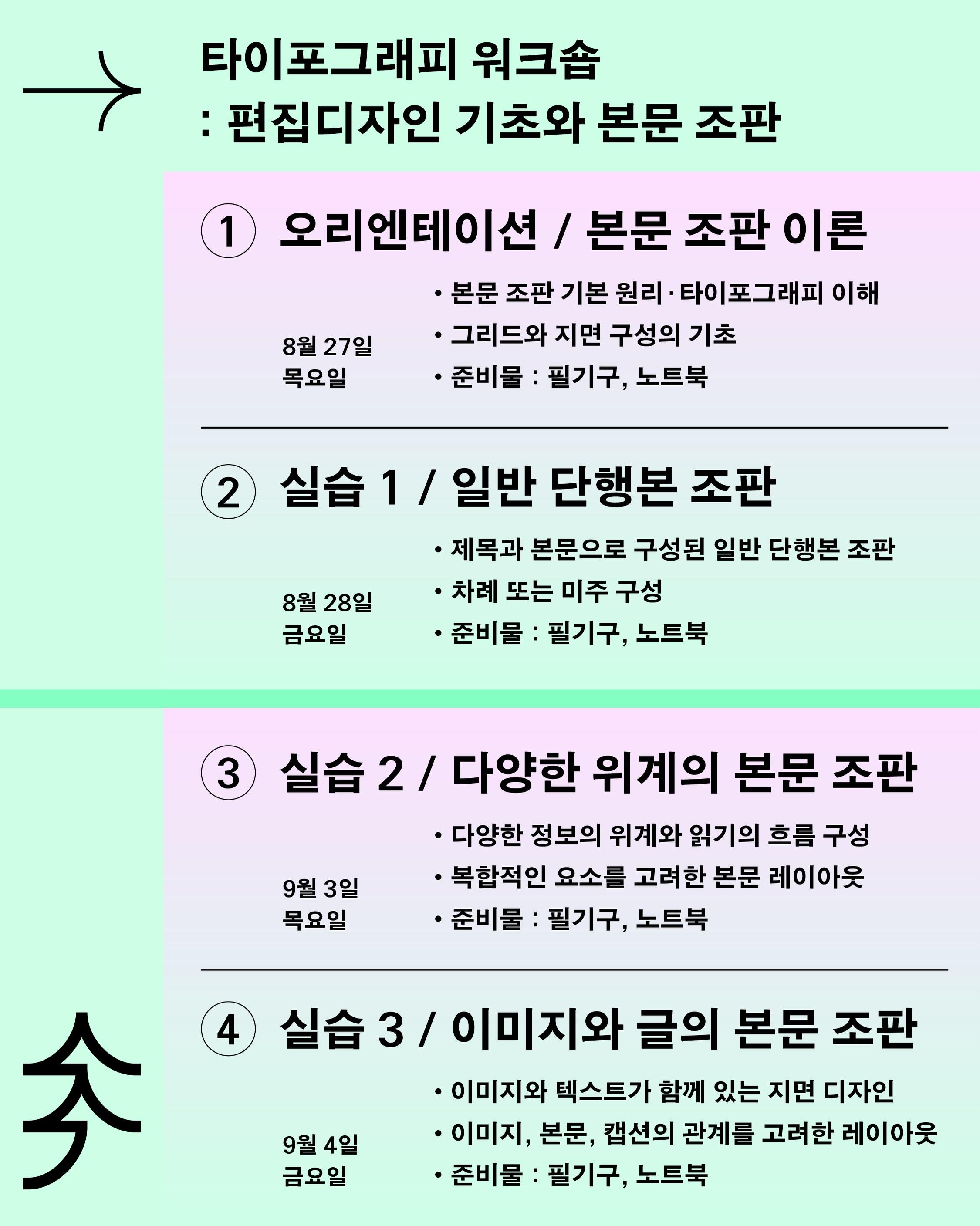 방학 특강 타이포그래피 워크숍: 편집디자인 기초와 본문 조판 포스터