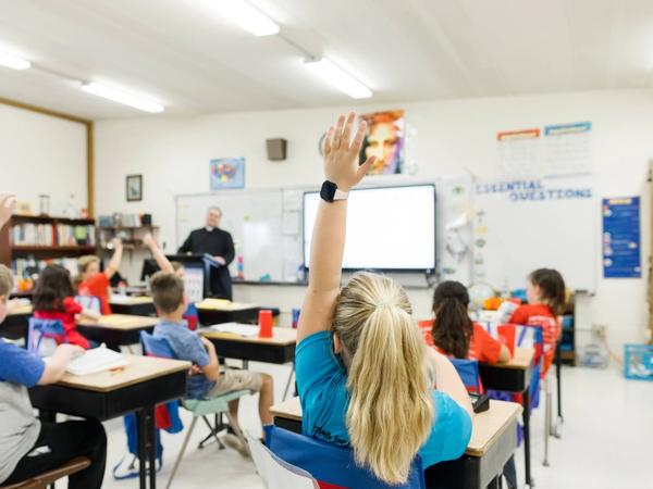 Older students raise their hands during a lesson in a bright classroom.