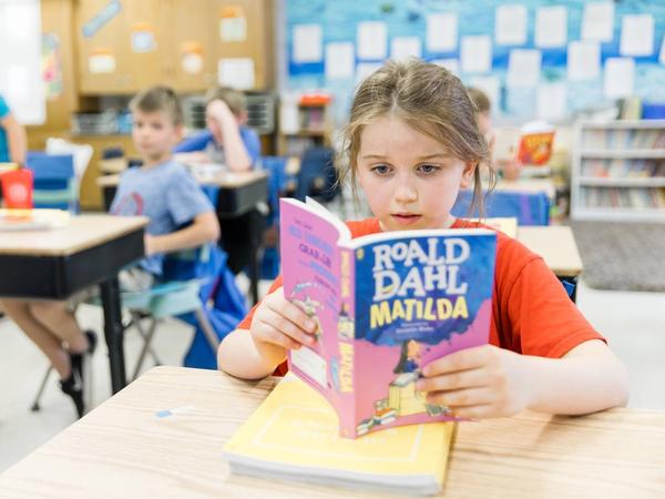 A student reads Roald Dahl's Matilda at her desk.